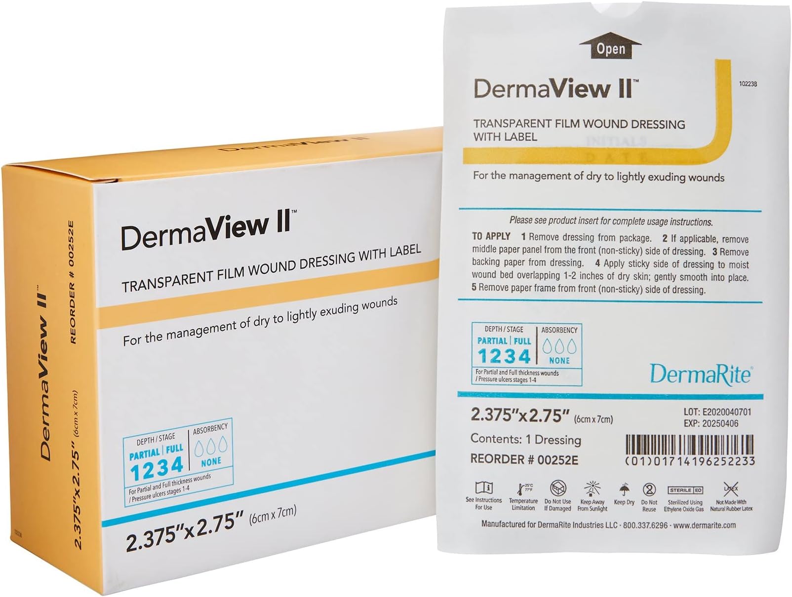- DermaRite's DermaView II, Transparent Film Dressing with Border - Frame Style Delivery, Sterile, Individually Wrapped, 2-3/7 in. x 2.75 in., 1 Count, 100 Packs, 100 Total