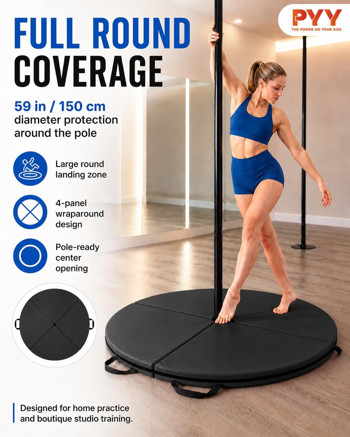PYY Dance Pole Crash Mat - 5 Ft Foldable Pole Crash Pad with 2" Thicken EPE Foam, Portable Dance Pole Cushion with Easy-Clean Cover & Sponge Brushes for Home Fitness, Yoga, Pole Dance Training