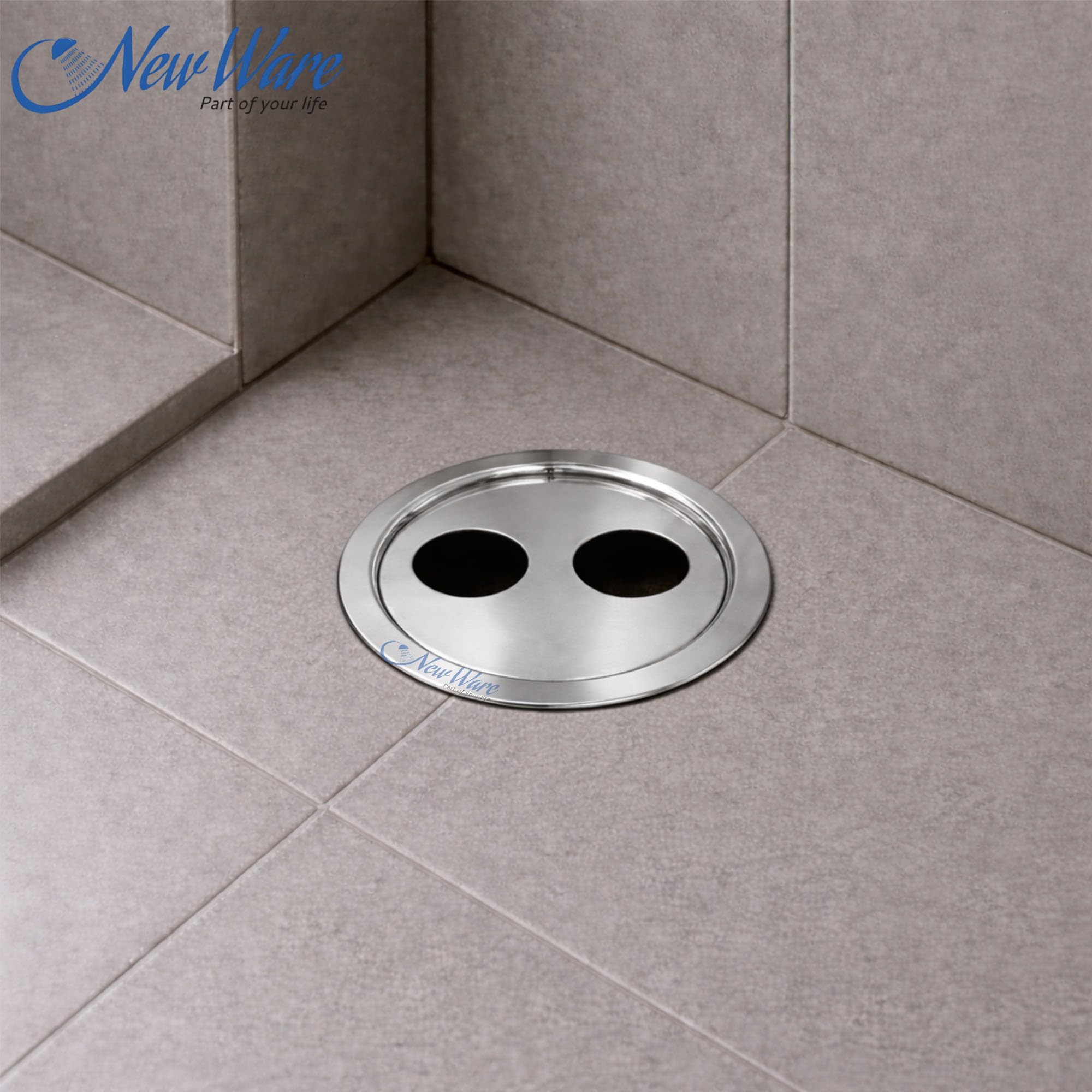 NEW Ware Round Stainless Steel Floor Drain with Trap Double Hole Anti-Clog Design for Bathroom, Kitchen, Out Door & Balcony Rust-Resistant | Chrome Finish Water Grating 4