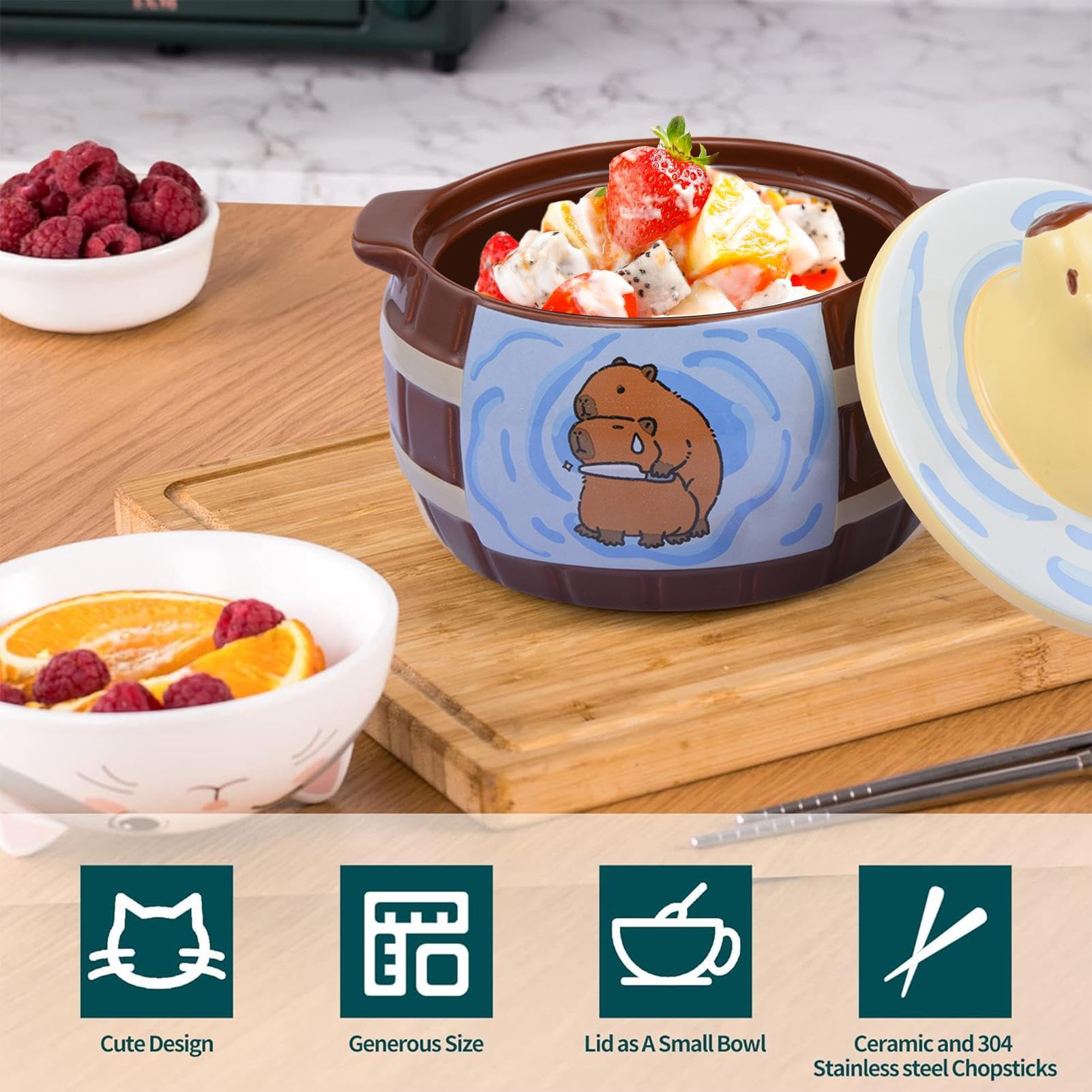 Tazón de fideos coreanos para ramen, fideos ramen, cuenco para ramen, cuencos grandes para ramen, cuenco de cerámica con tapas, cuencos de cereales con asas, desayuno, microondas, fideos, sopa