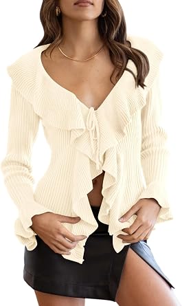 Goranbon Womens V Neck Sexy Sweaters Ruffle Long Sleeve Wrap Loose Sweater Fashion Drawstring Jumper