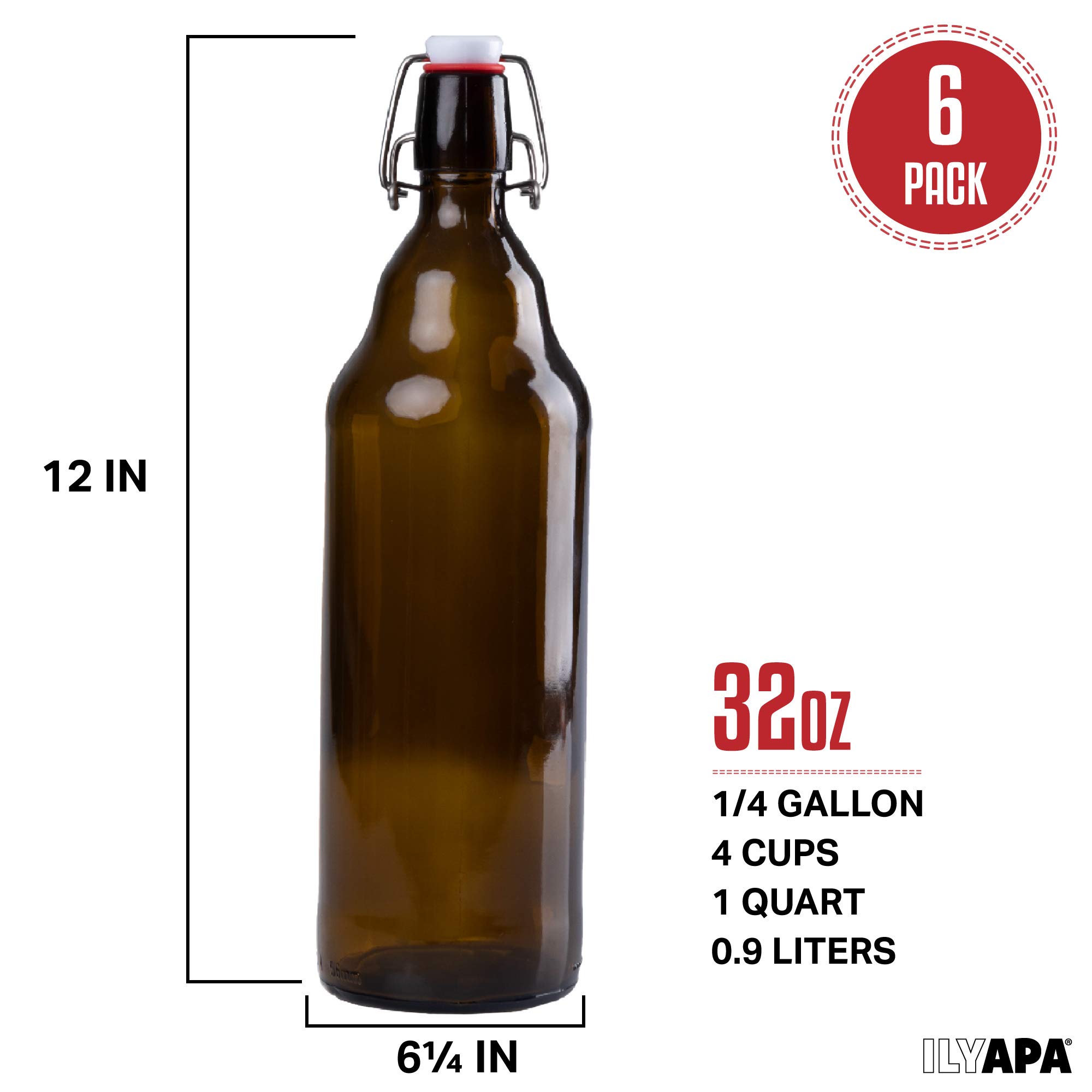 32 oz Amber Glass Beer Bottles for Home Brewing - 6 Pack with Airtight Rubber Seal Flip Caps 1