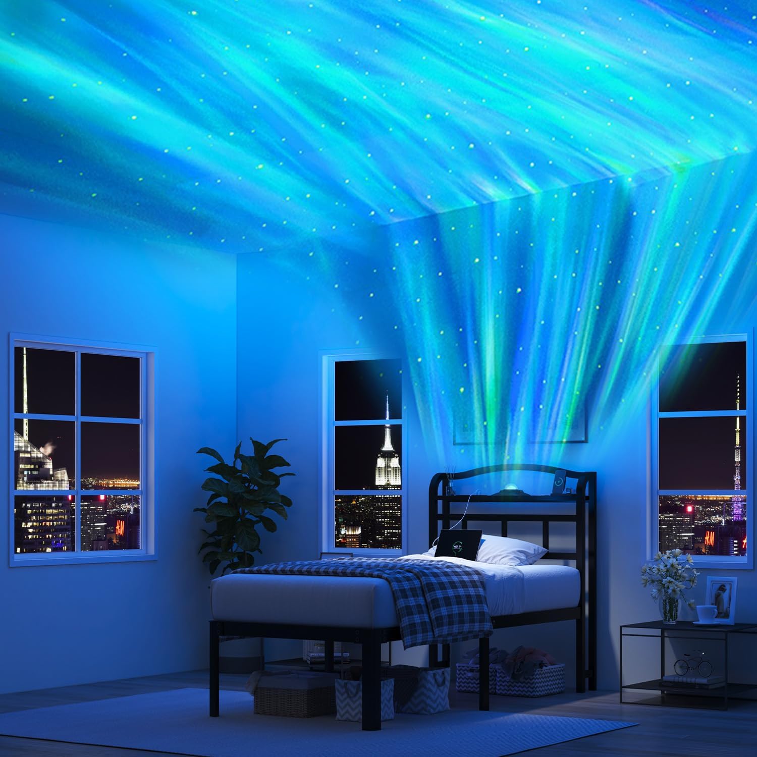 Twin Size Bed Frame - Storage Headboard with Galaxy Aurora Star Projector & Charging Station, 18in Heavy Duty Metal Bed Frame No Box Spring Needed, Easy Assembly