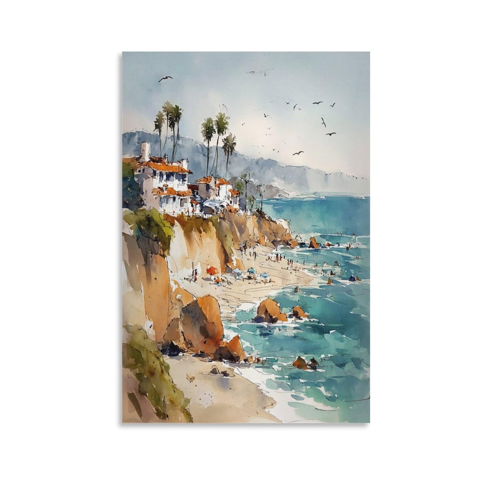XWYMXZ Laguna Beach Watercolor Painting Coastal Travel Poster Tree 20x30inch(50x75cm) Vintage Watercolor Canvas Art