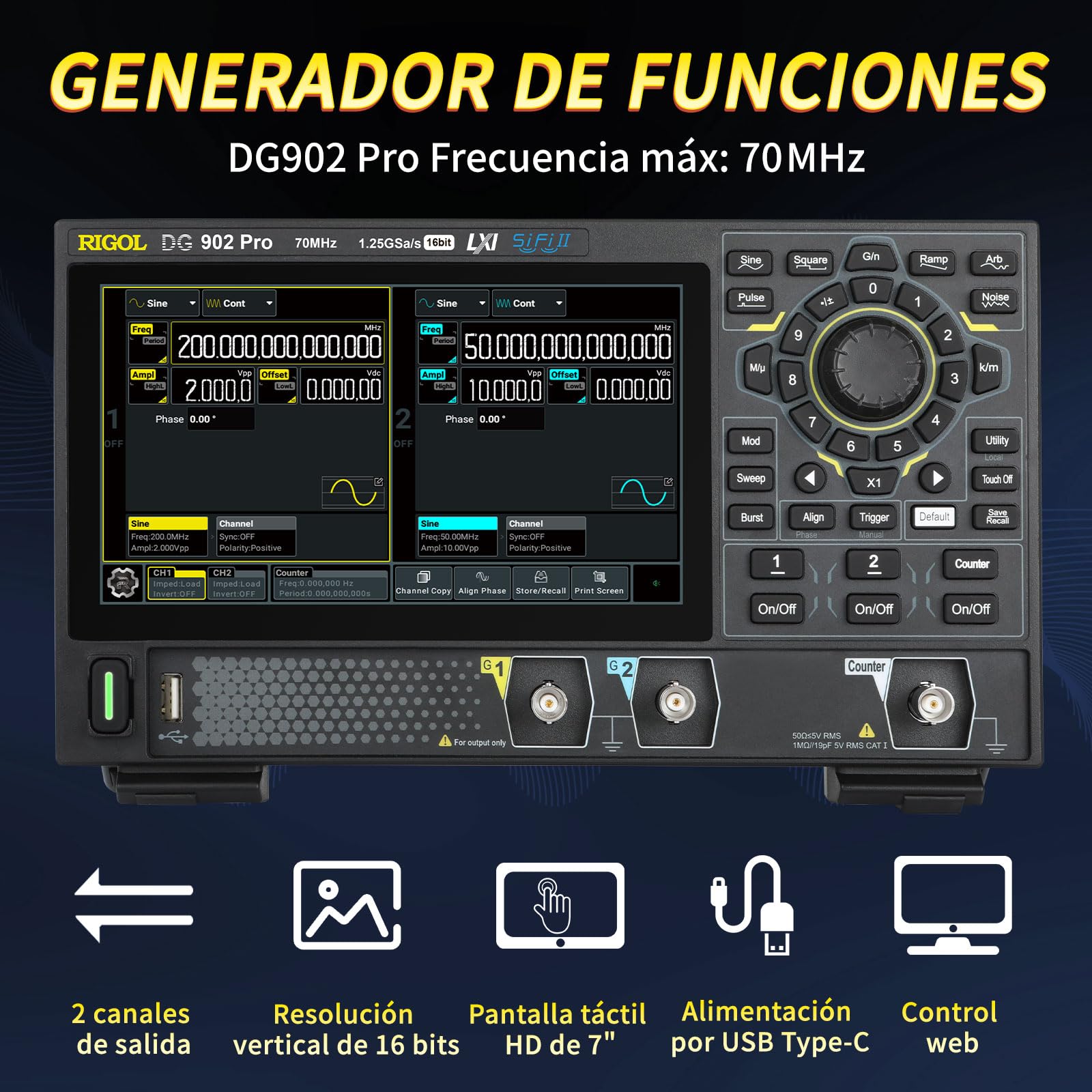 RIGOL Generador de Funciones, DG902 Pro Generador de Señales,70 MHz,2 Canales,Resolución de 16 bits,Pantalla táctil HD de 7 pulgadas,Compatible con alimentación mediante power bank