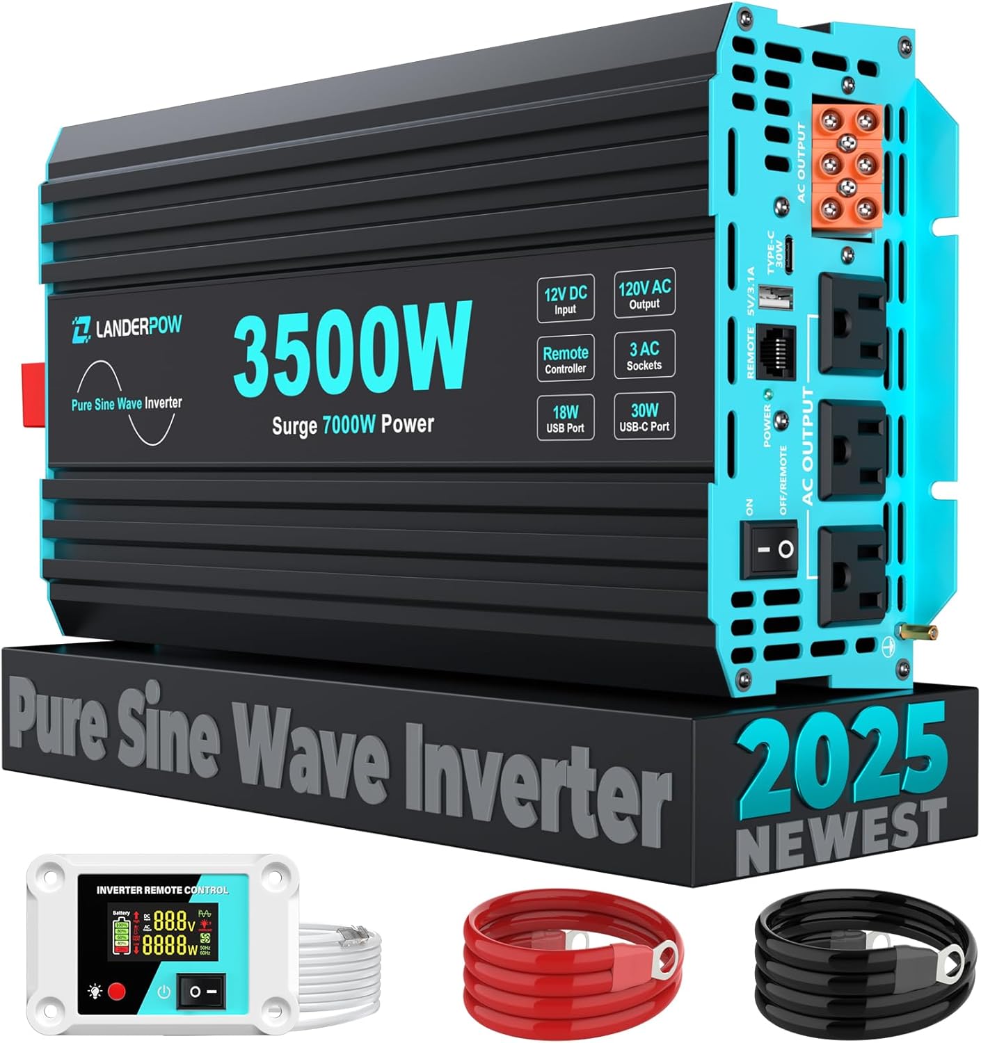 Pure Sine Wave 3500W Power Inverter 12V DC to 120V AC for RV