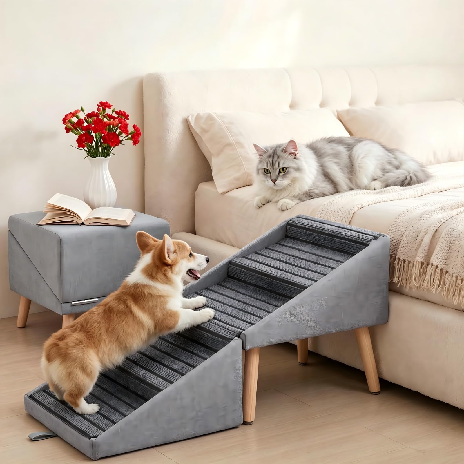 Scaletta per cani, Rampa per cani Antiscivolo e Pieghevole in Legno, Altezza 42,5 cm, Scaletta 2 in 1 per cagnolini e gatti, Adatta per Letto e Divano,scalette per cane,Grigio chiaro