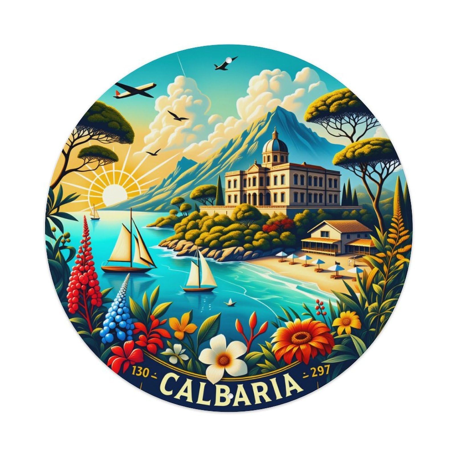 Sunset Mountain Castle Sailboat Flowers Round Tin Sign Vintage Metal Poster Retro Bar, Home, Man Cave, Kitchen, Laundry Room Wall Art Decor Gift 8x8Inch