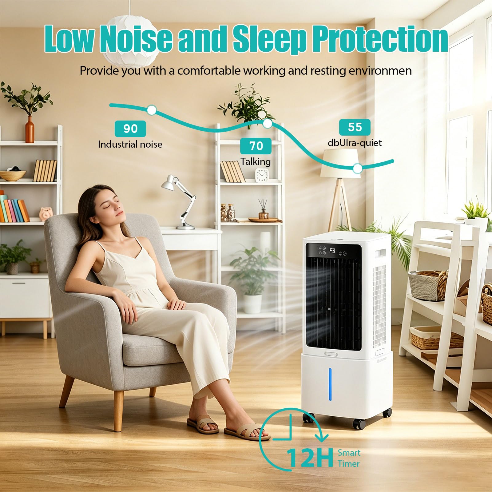 Raffrescatore Oscillante a 90°, Apparecchio Portatile 4 in 1 Senza Tubo con Vaschetta 12L, Flusso d'Aria 800 m³/h, 3 Velocità, Timer 12H