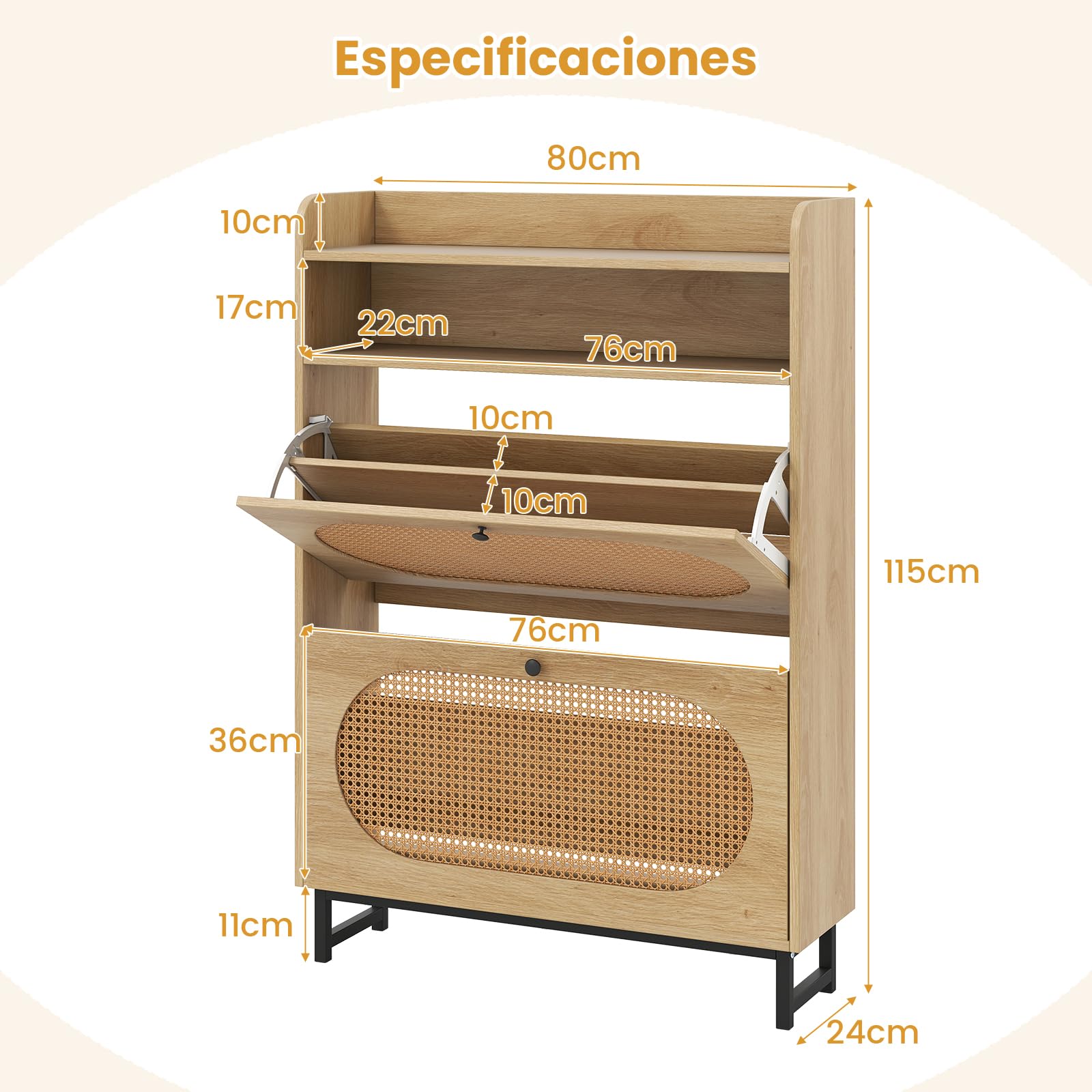 COSTWAY Zapatero Armario con 2 Cajones Abatibles, Mueble Zapatero Estrecho Puertas de Ratán y Patas de Metal, Entrada Recibidor Pasillo, 80 x 24 x 115 cm