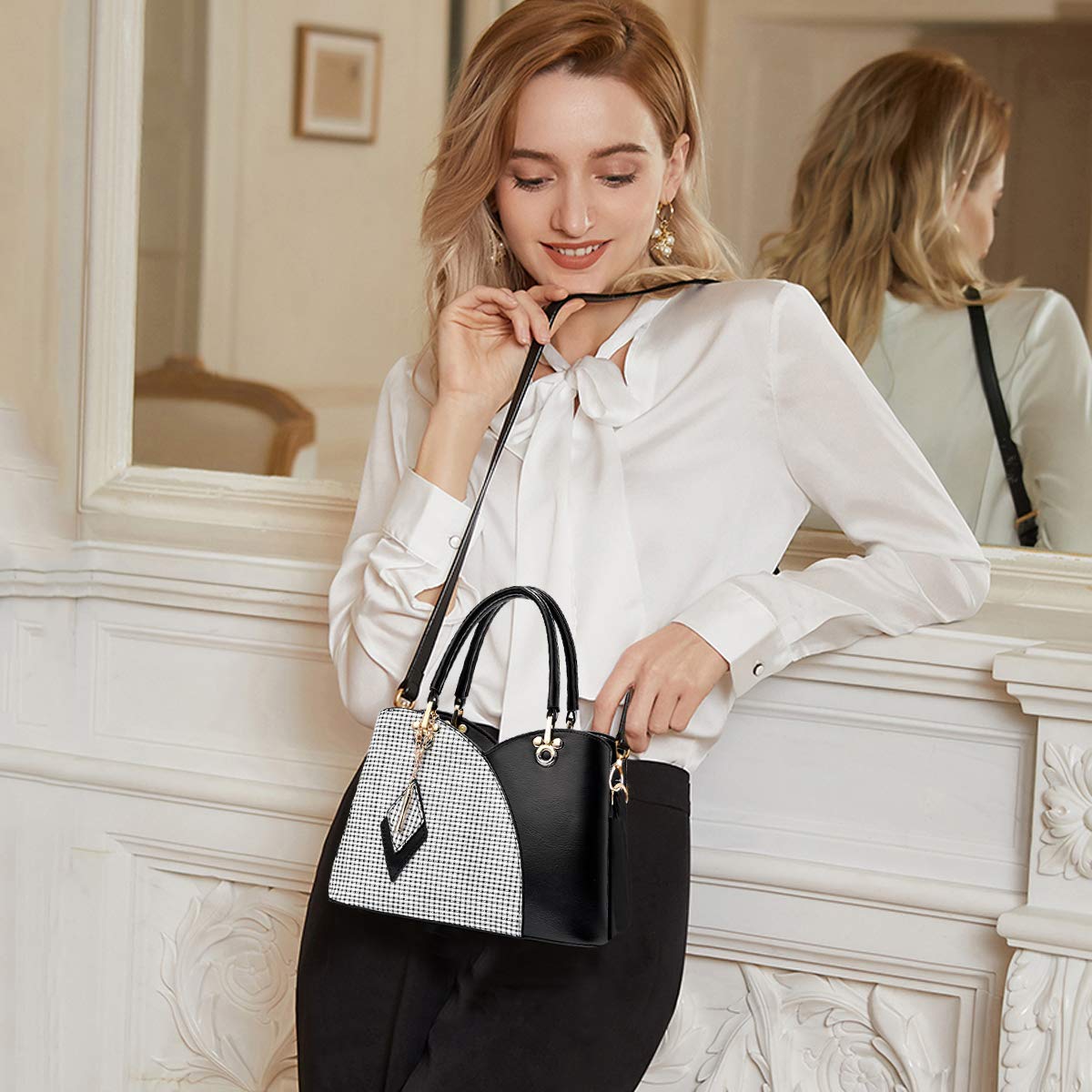 NICOLE & DORIS Elegante Damen Handtasche mit Mehreren Taschen Schultertaschen aus PU-Leder Henkeltaschen Karierte Umhängetasche mit Anhänger