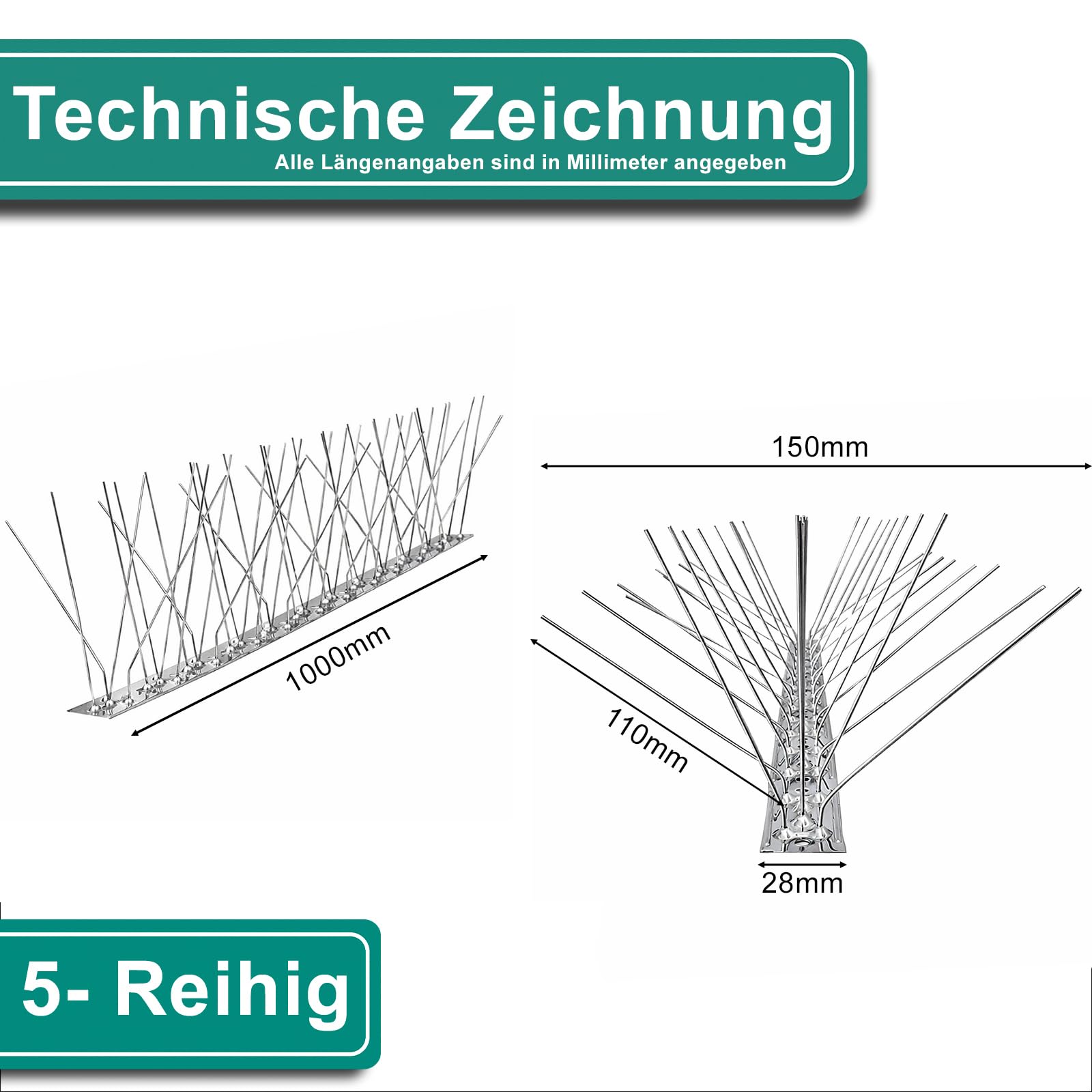 PRIOstahl Taubenabwehr Vogelabwehr 5-reihig 10 Meter (10 x 100cm) vormontierte & einsatzbereite Spikes inkl. Kabelbinder Profi Vogelschreck für Tauben & kleine Vögel wetterbeständig aus Edelstahl V2A