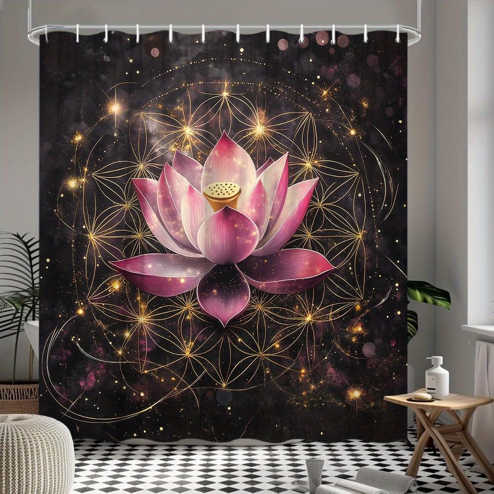 GLWDMB 1 Piece 180x220CM Pink Lotus with Golden Star-Sparkles Printed Shower Curtain With Hook, Polyester, for Windows And Walls, Bathtub, Bathroom, Machine Washable, All Season Universal
