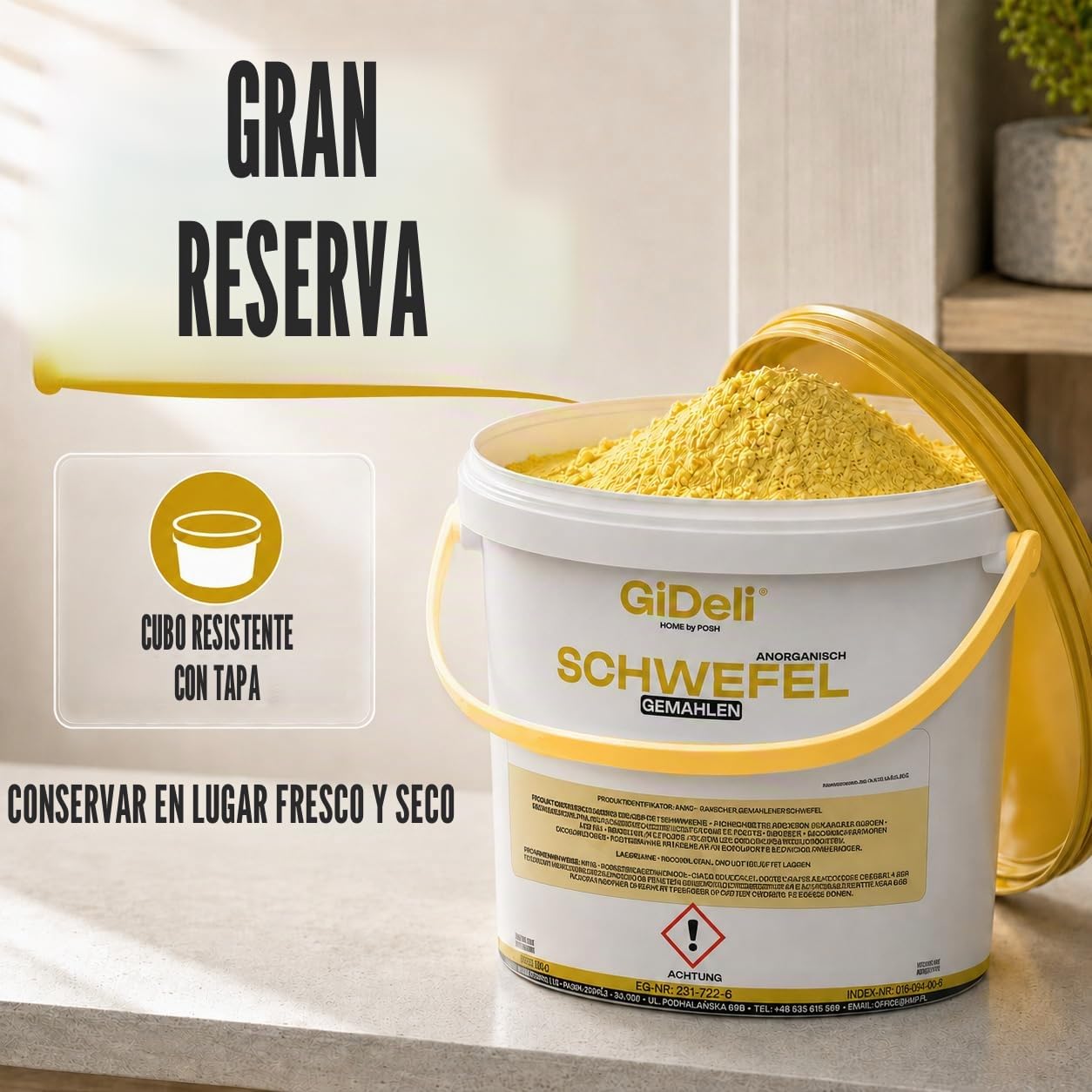 GiDeli Polvo de azufre 10 kg - Inorgánico 99,9 % fino - Para la industria cosmética - Mantenimiento del suelo - Azufre en un cubo