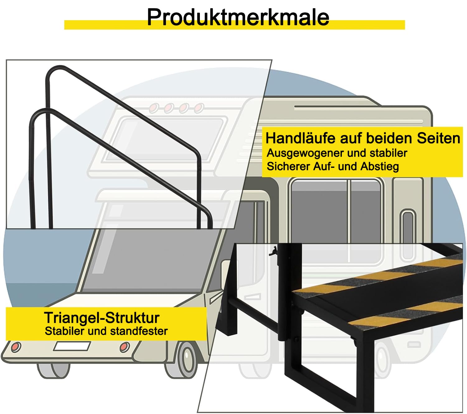 Wohnmobil-Treppe 3-stufige, Wohnmobil-Stufen 200 kg Tragkraft für Wohnwagen Camping, mit 2 Handlauf Trittstufe, rutschfest Tritthocker, RV Steps, Reiseanhänger