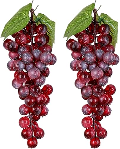 Paquete de 2 uvas rojas falsas de frutas artificiales 11, racimos de uvas de simulación para el hogar, casa, cocina, fiesta, boda, decoración de