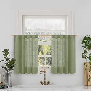 LAMIT Short Window Linen Curtains 36 Inch Length 2 Panels, Sage Green Light Filtering Panels Back Tab and Rod Pocket Neutral Drapes for Bathroom/Loft Room, 34 x 36 Inch