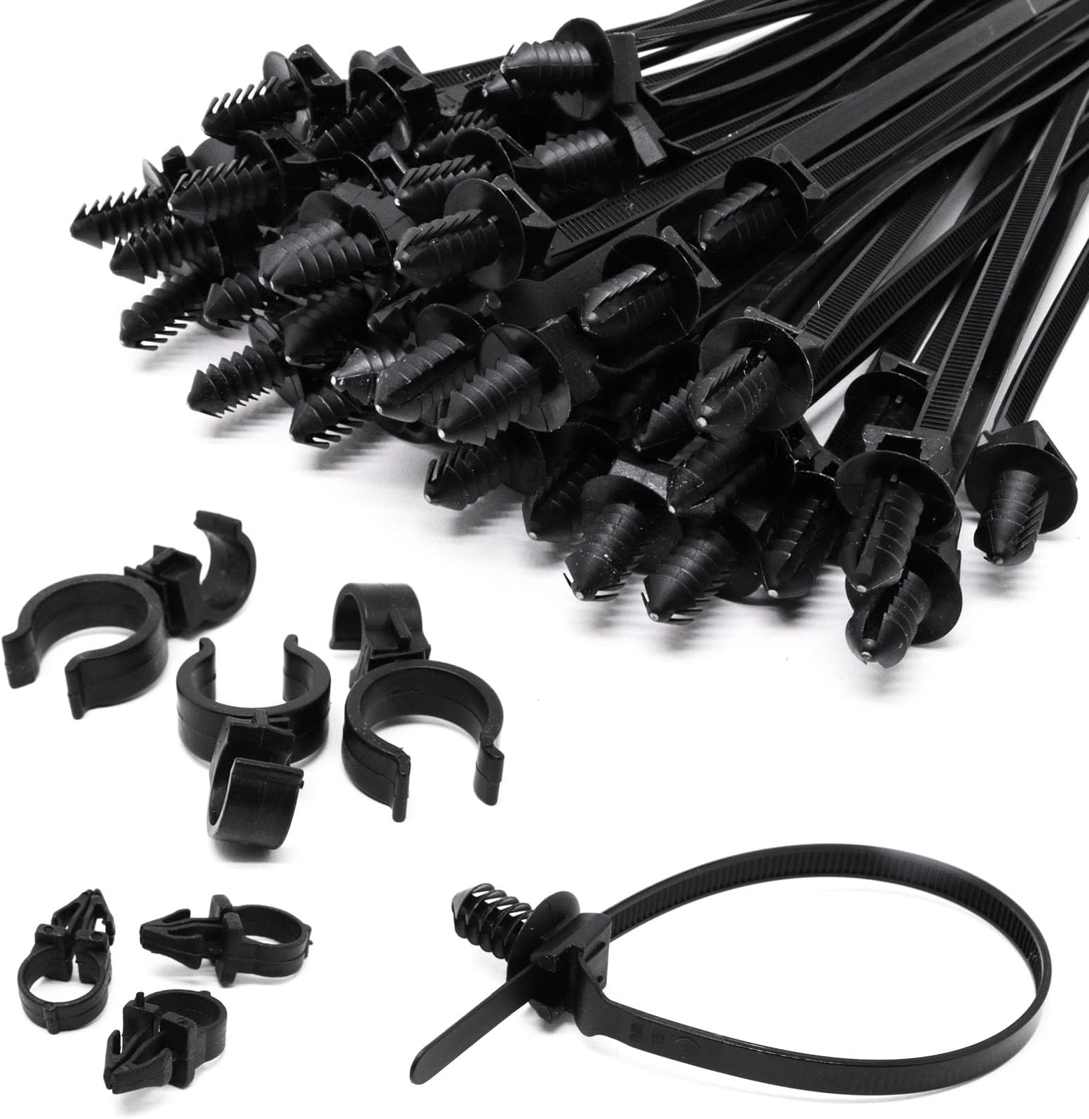 Push Mount Zip Ties 50Pcs, Heavy Duty Black Wire Zips Tie Mounts, 2 in 1 Nylon Self Locking Push Mount Cable Zip Tie for Engine Bay Wire Harness, Indoor Wires Tying (8.3"x0.2")