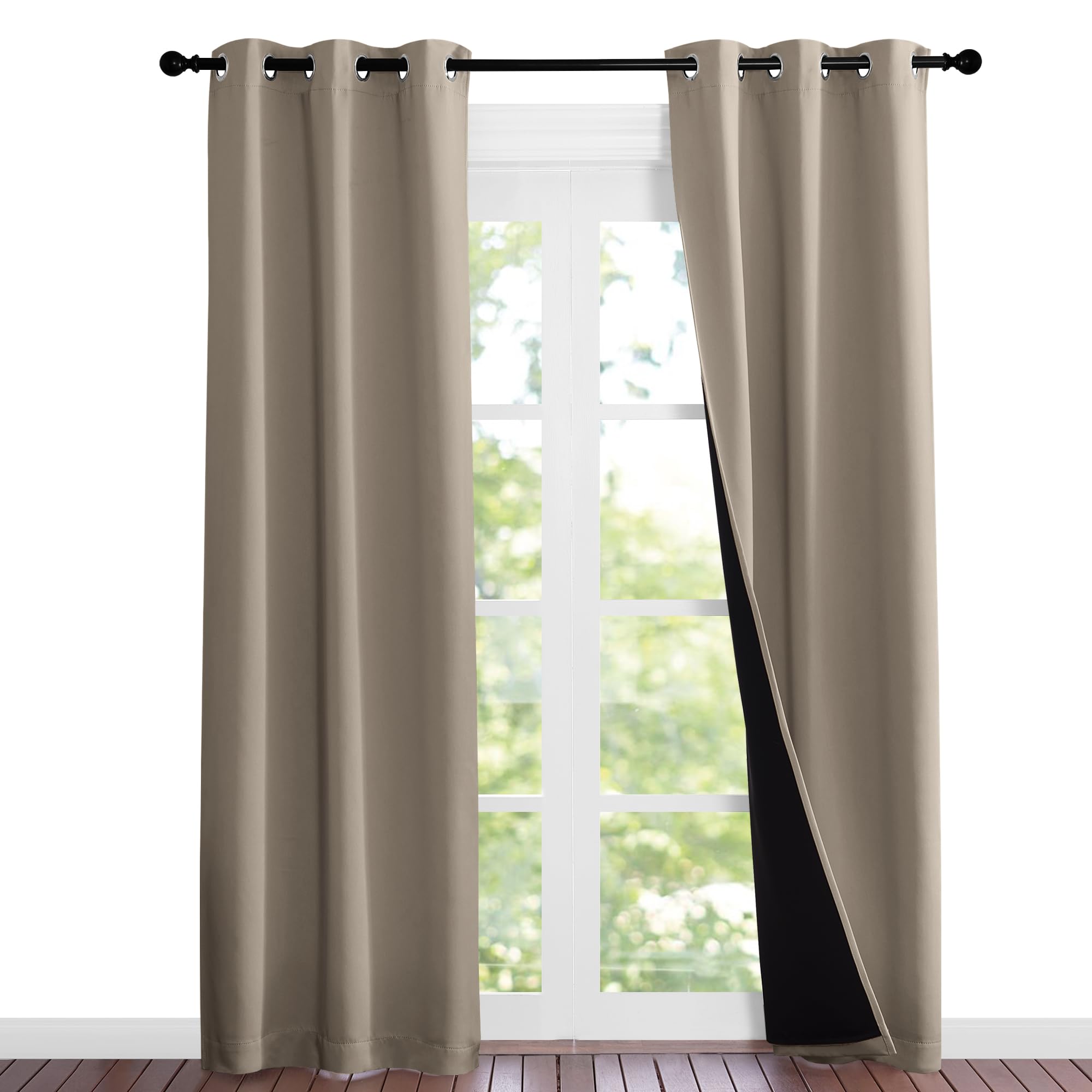 NICETOWN Taupe Full Shade Curtain Panels, 37" Wide x 80" Long, Taupe, Pair of Thermal Insulated &amp; Energy Efficiency Blackout Curtains for Living Room Windows, Lined Silky Performance Window Dressing