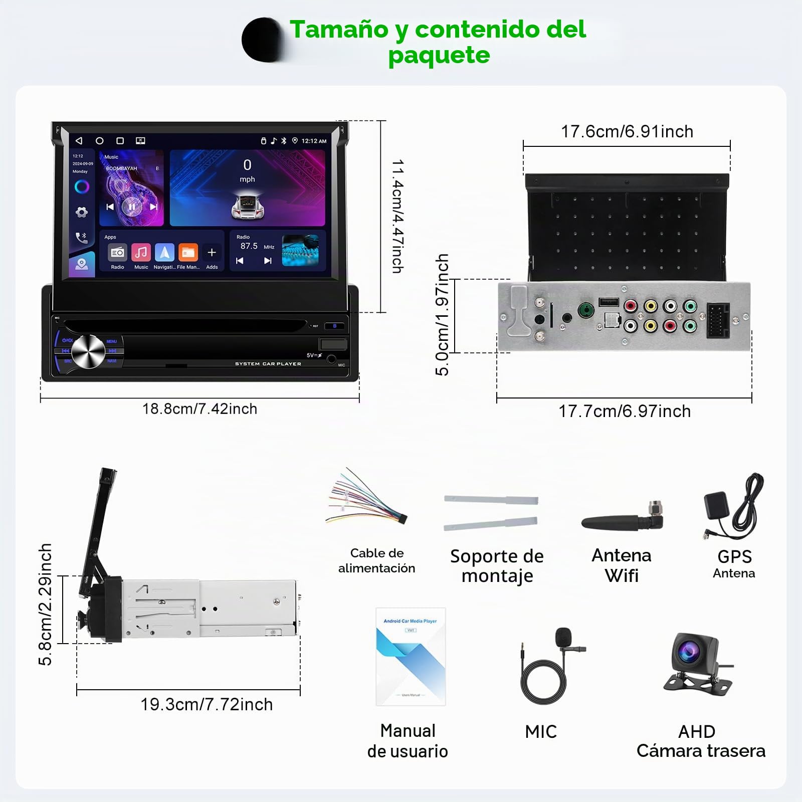 Hodozzy 4G+64GB Radio Coche 1 DIN Android con CarPlay Android Auto Inalámbrico, Pantalla Táctil HD de 7 Pulgadas Retráctil Pantalla 1 DIN con Bluetooth GPS WiFi Mirrorlink FM/RDS Radio USB/AUX Cámara