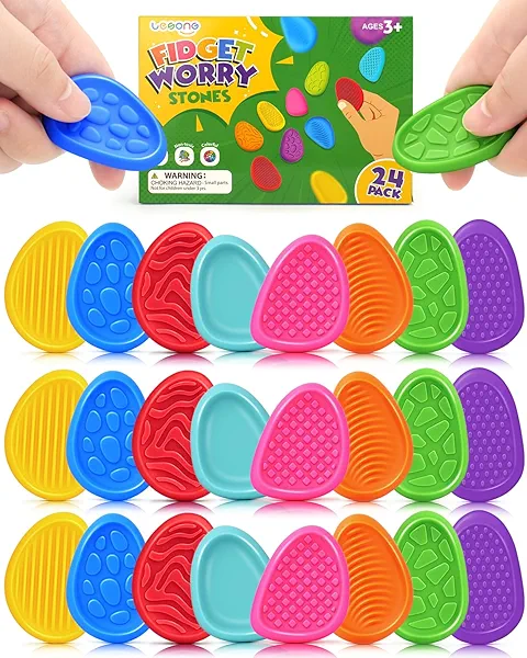 Fidget Toys Sensory Stone for Kids: 24 Pack Textured Worry Stones for Adults - Bulk Fidgets for Classroom Prizes Gooide Bag Stuffers - Quiet ADHD Tools for Autism Kids - Christmas Stocking Stuffers