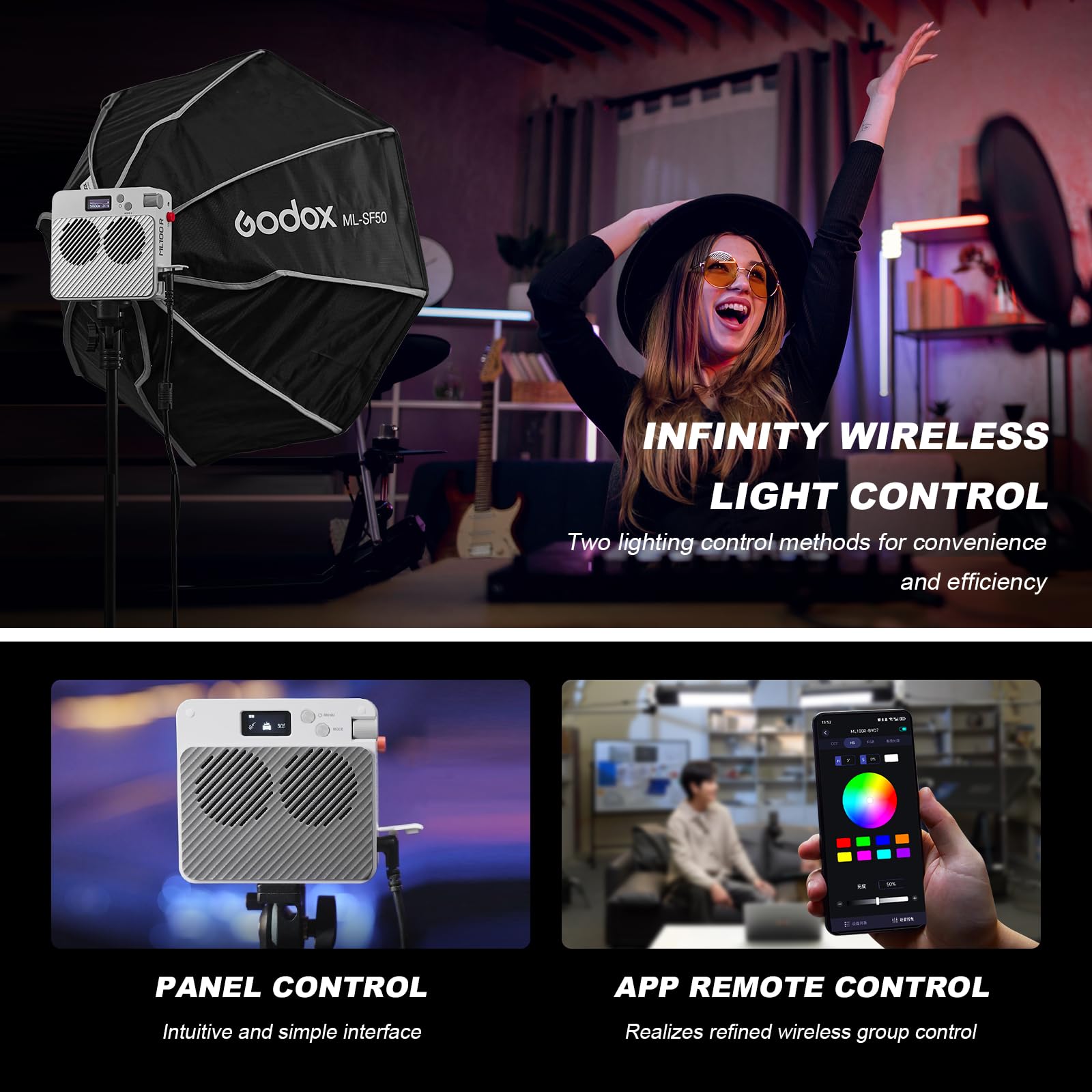 Godox ML100R Éclairage Vidéo LED RGB Video Light 110W 1800K-10000K Éclairage Vidéo Couleur CRI 95+/TLCI 95+ Contrôle via Application Recharge USB-C 14 Effets FX pour le Streaming en Direct Photographi