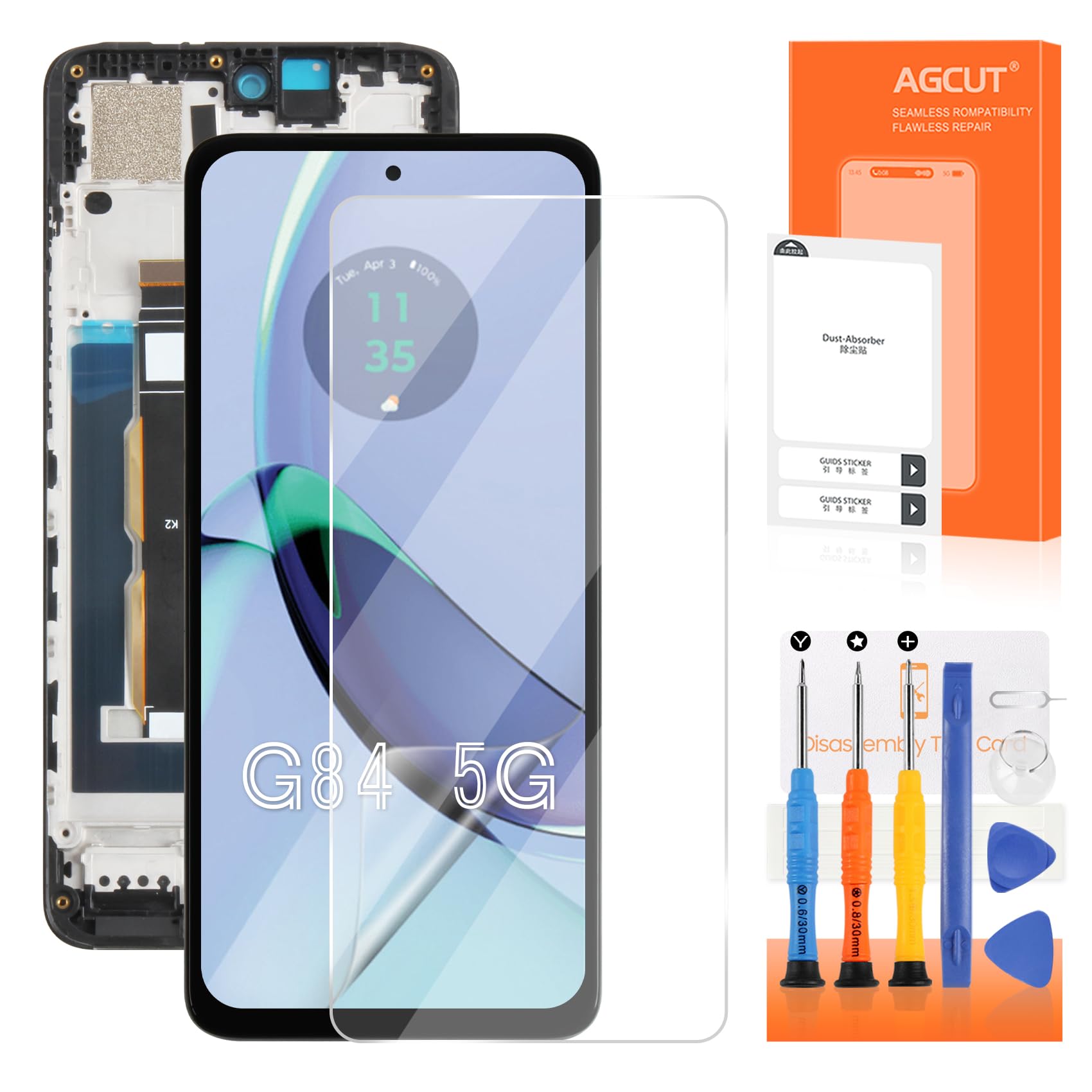 AGCUT Schermo di Ricambio per Moto G84 5G Display LCD per Motorola Moto G84 5G XT2347 XT2347-1 XT2347-2 6,5" Display LCD Digitalizer Touch Screen Assembly con Riparazione (Nero, senza impronta)