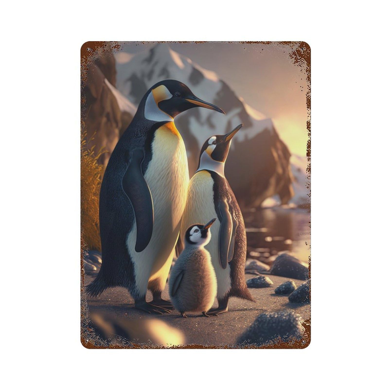 Garage Style The Penguin Family Rust Effect Tin Sign 15.7"x11.8", Vintage Wall Decor for Bar And Workshop