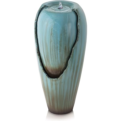 Alpine Corporation Outdoor Floor Antique Jar Water Fountain with LED Lights - 33" - Turqoise