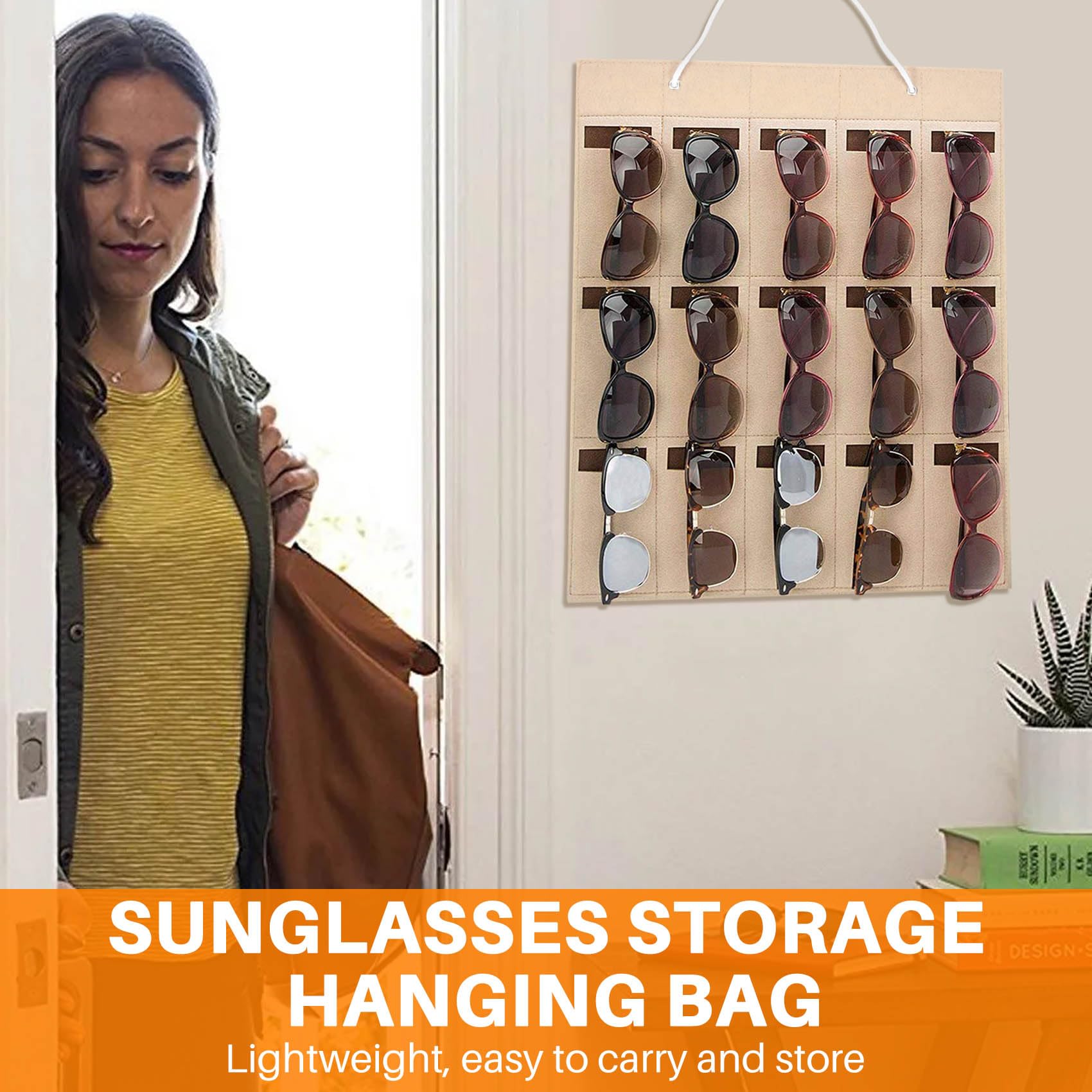 Pasuihcay Glasses Organizer Sunglasses Organizer Storage Hanging Bag Sunglasses Eyeglasses Display Wall Mount Organizer 15 Slot Eyewear Holder Beige+Brown