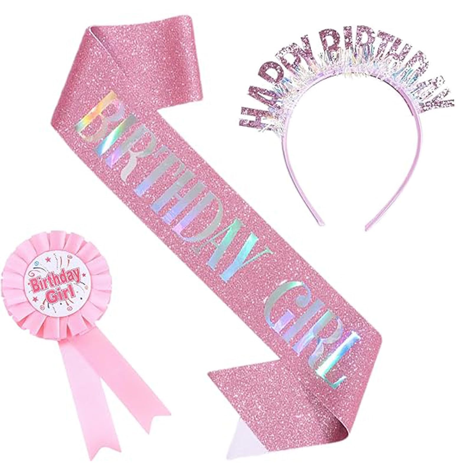 Lumina Co 3 Pcs Birthday Girl Badge Set, Pink Sash & Headband, Glittering