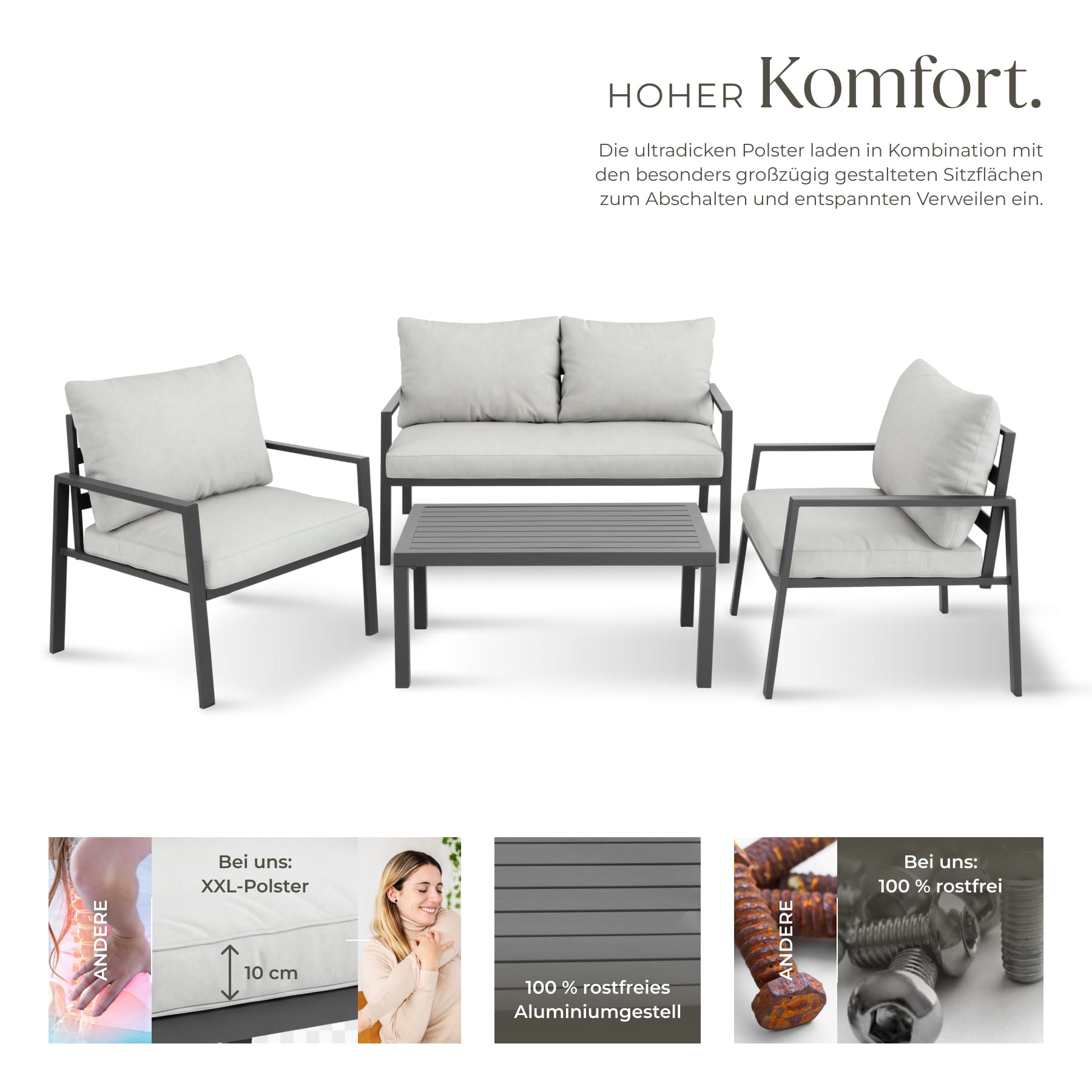tectake® Aluminium Lounge, Set mit 2 Sessel 1 Sofa 1 Beistelltisch Outdoor, Gartenmöbel mit Kissen, Loungemöbel Set für Balkon, Garten, Wintergarten, Terrassenmöbel - hellgrau