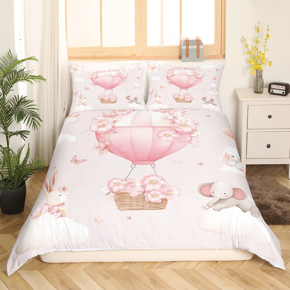 richhome Flower Hot Air Balloon Duvet Cover Double Size Cartoon Cute Animal Bedding Set 3pcs Rabbit Elephant Bear Comforter Cover for Kids Teens Bedroom Decor Pink Butterfly Quilt Cover,2 Pillowcases