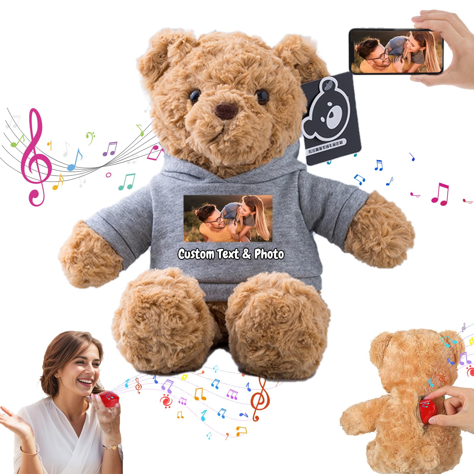 MeterBear Personalised Teddy Bear with Voice Recording for Kids Adults, Personalised Gifts Bear with Bow Plush Toys with Text+Photo as Customised Gift for Valentines Christmas (13 inch-Text+Photo)