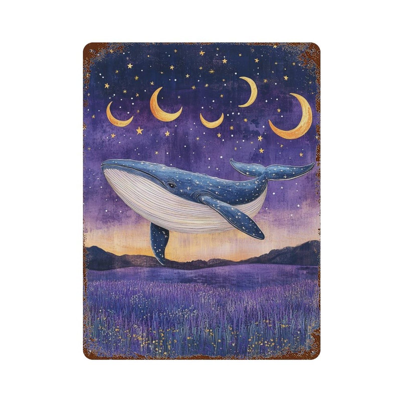 Rusty Metal Tin Sign with Whale Dreams in Lavender Fields Design 15.7"x11.8", for Shed, Workshop And Garage Wall Decor, Classic Wall Plaque