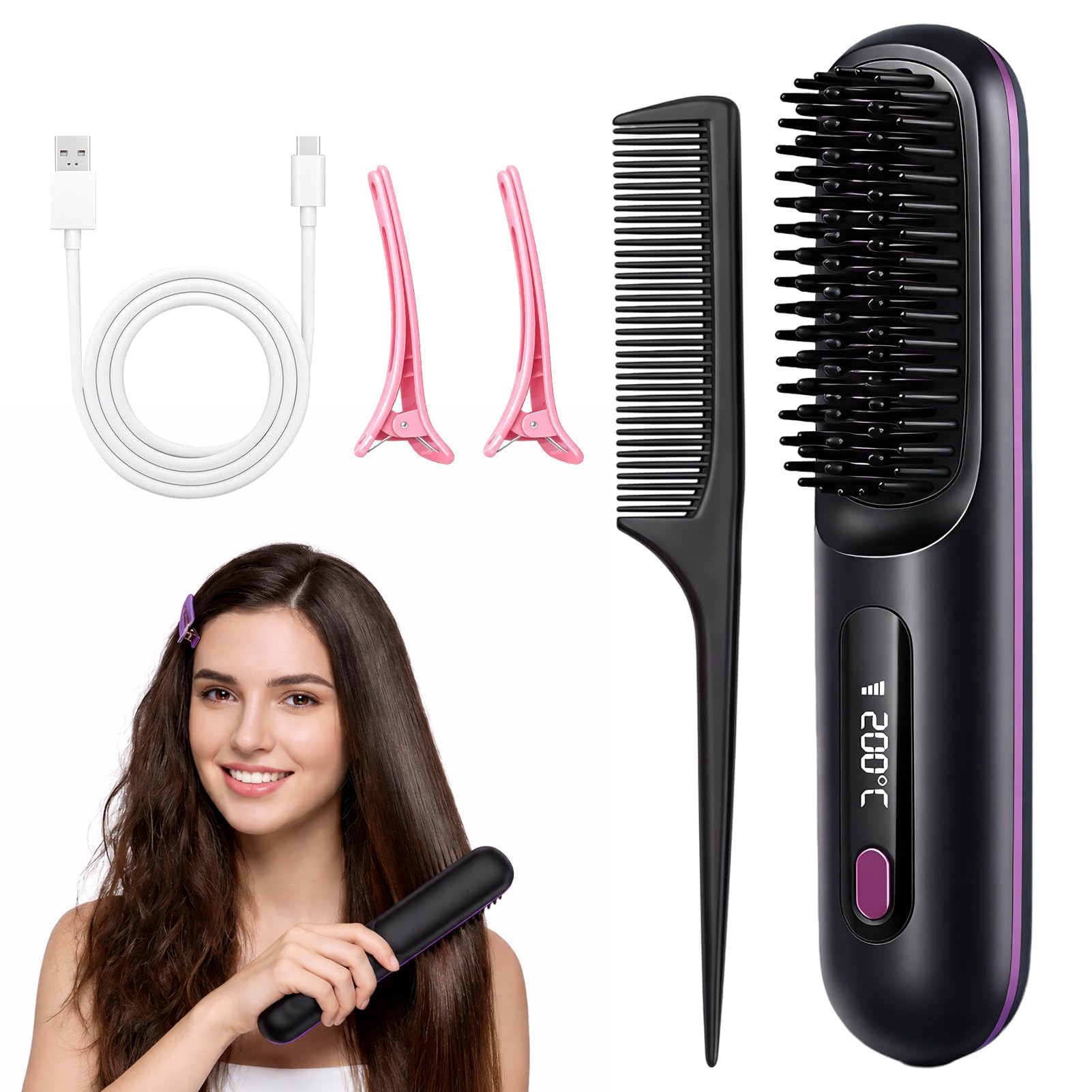 Cepillo Alisador Pelo Inalambrica, Escova Alisadora de Cabelo Iónico, Peine Alisador de Cabello Electrico Portátil, Recarga USB, con Pantalla LCD, 3 Modos Ajustable, 160-200°C, Mini Plancha Pelo