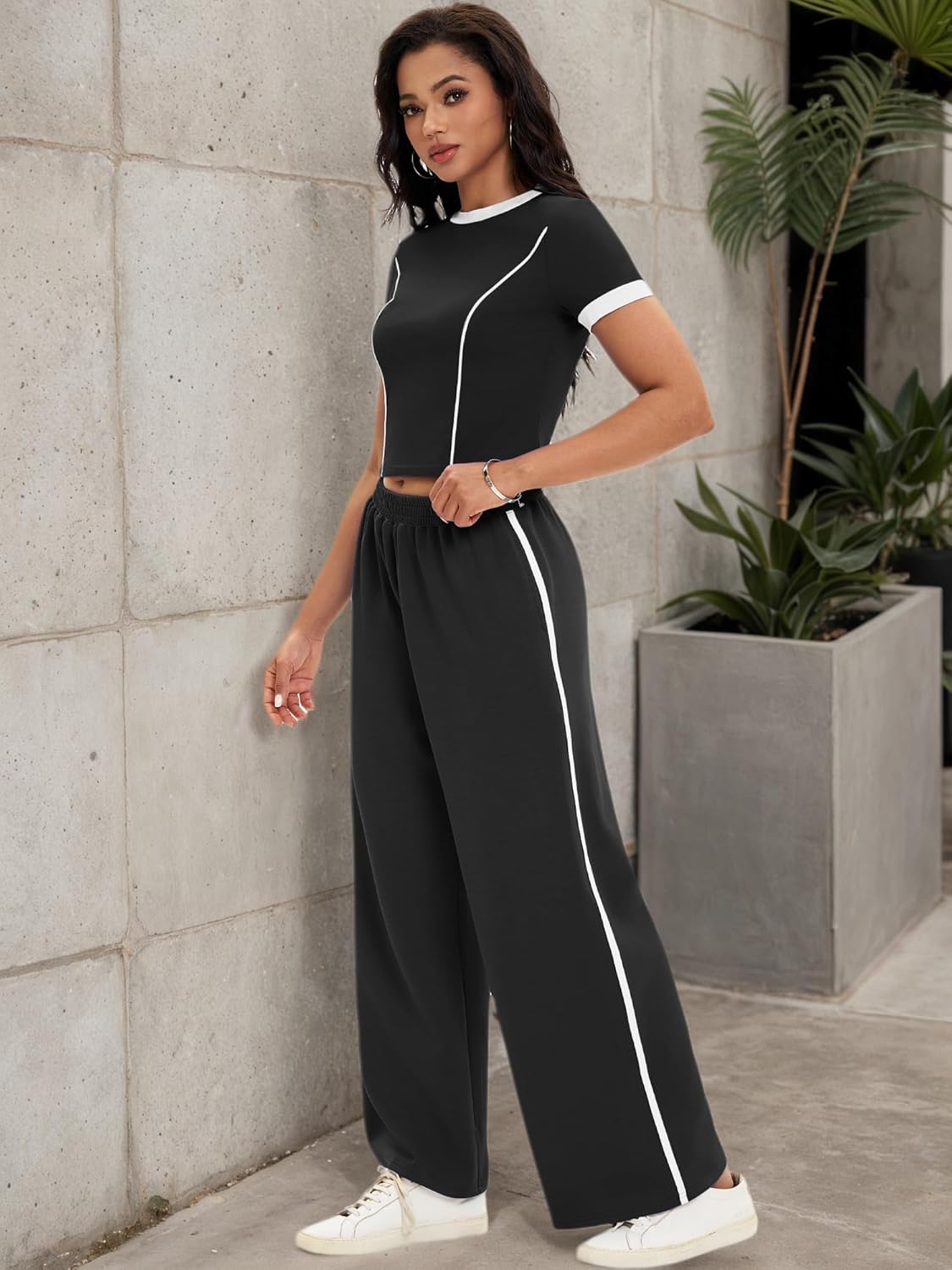 Tracksuit for Women Two Piece Set Short Sleeve Crop Tops Wide Leg Pants Summer Fall Outfits Color Block - Image 3
