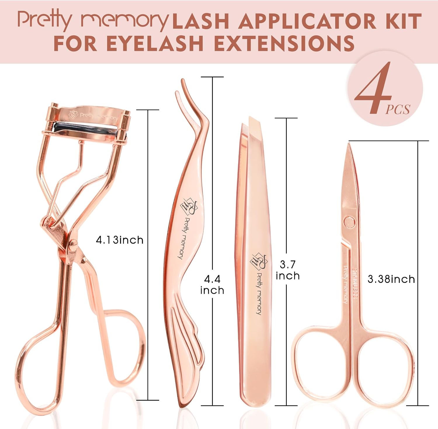 Pretty memory 4 Pcs Eyelash Tools Kit Lash Applicator Tool Set Lash Tweezers Eyelash Curler Eyebrow Scissors Eyebrow Tweezers, Rose Gold