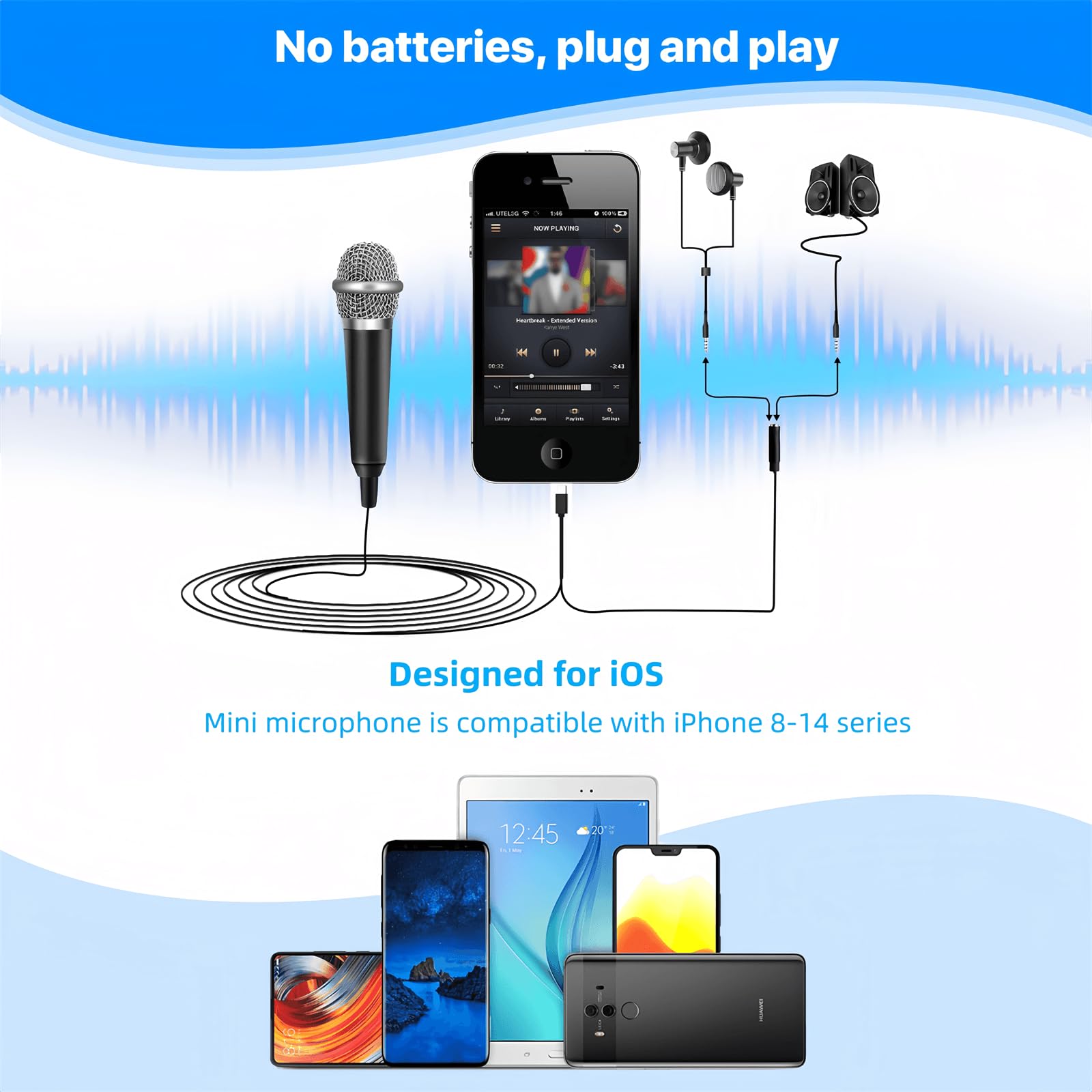 JeMii Mini Microphone for iPhone, Miniature Microphone, ASMR Microphone, can be Used for Singing, Recording Video or Audio, Voice Calls, YouTube, Blog (Black)