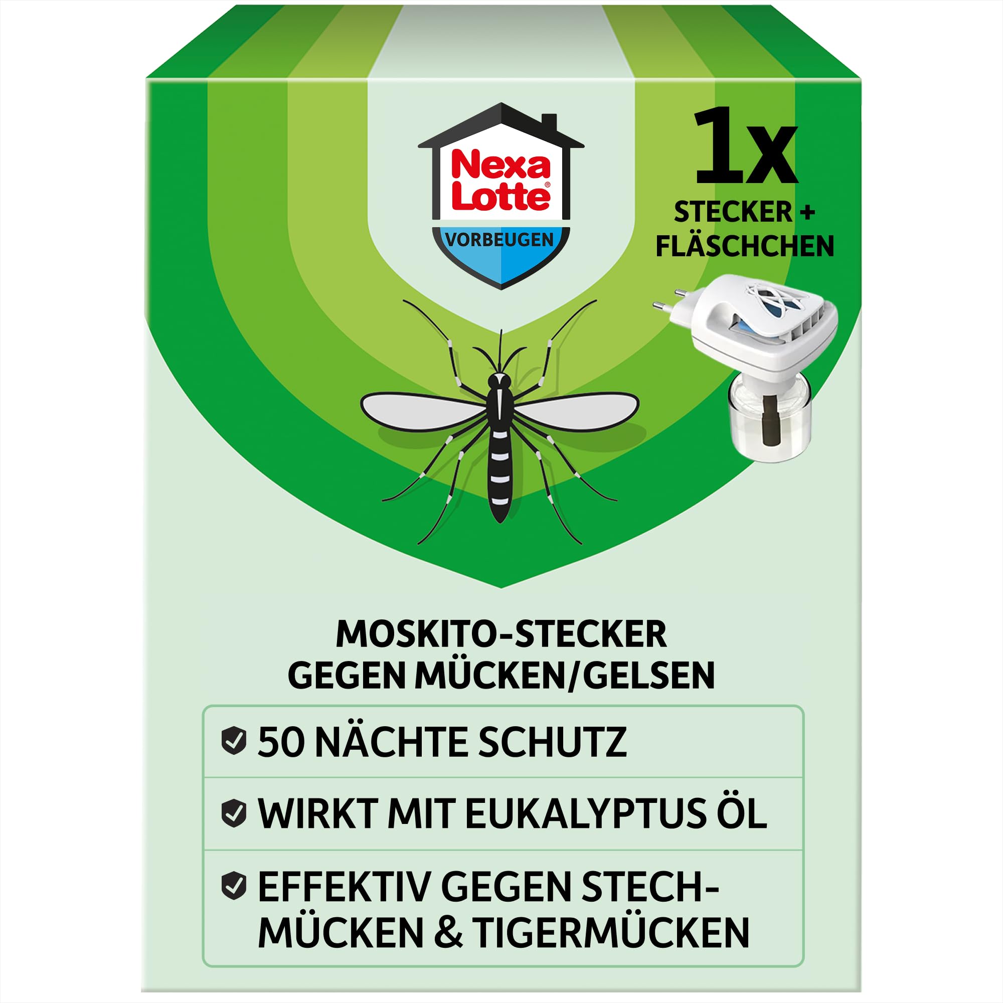 Nexa Lotte Moskito-Stecker Set, Elektro-Verdampfer gegen Stechmücken und Tigermücken, mit Zitroneneukalyptusöl, für alle Räume