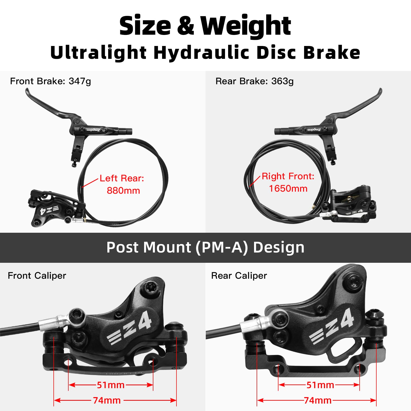 4-Kolben MTB Hydraulische Scheibenbremsen Set, Aluminium, für Mountainbike und eBike, Vorne 850mm und Hinten 1600mm, mit Montageadapter