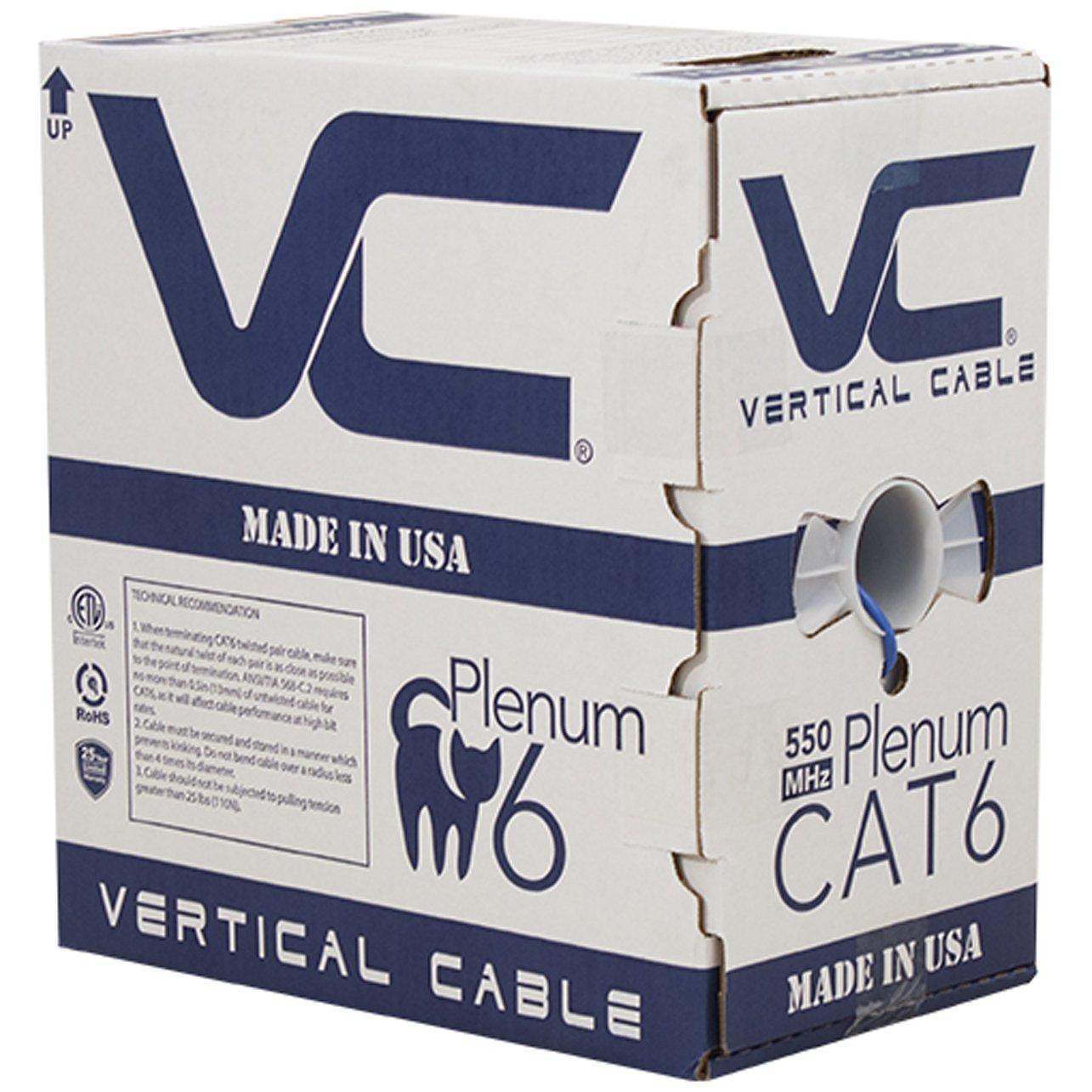 Vertical Cable CAT6, 550 MHz, UTP, 23AWG, 8C Solid Bare Copper, Plenum, 1000ft, Bulk Ethernet Cable - Made in USA, Blue