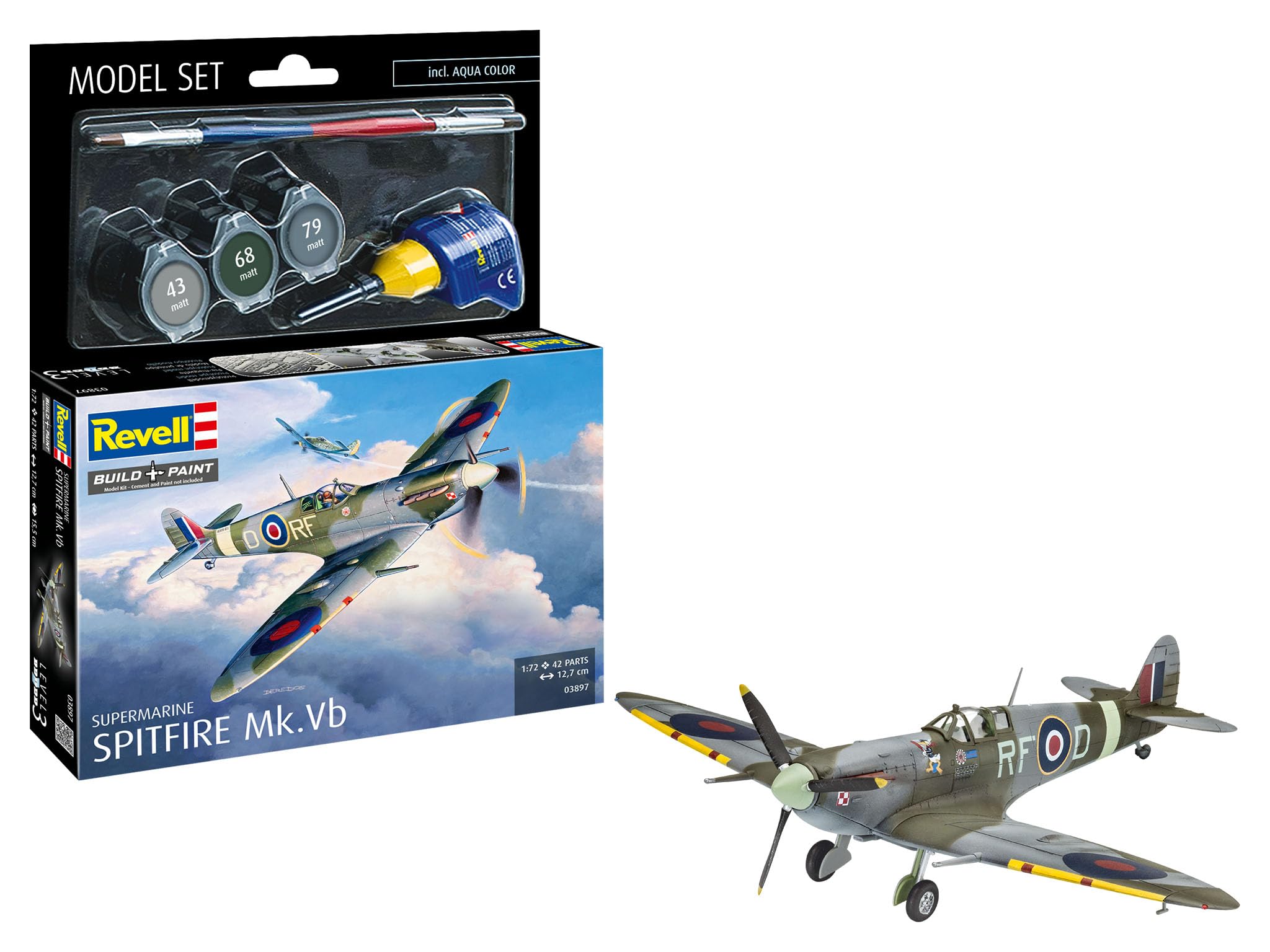Model Set 63897 Supermarine Spitfire Mk.Vb 1:72 Scale Unbuilt/Unpainted Plastic Model Kit with Contacta Professional Glue, Paintbrush & Selected Aqua Color Paints