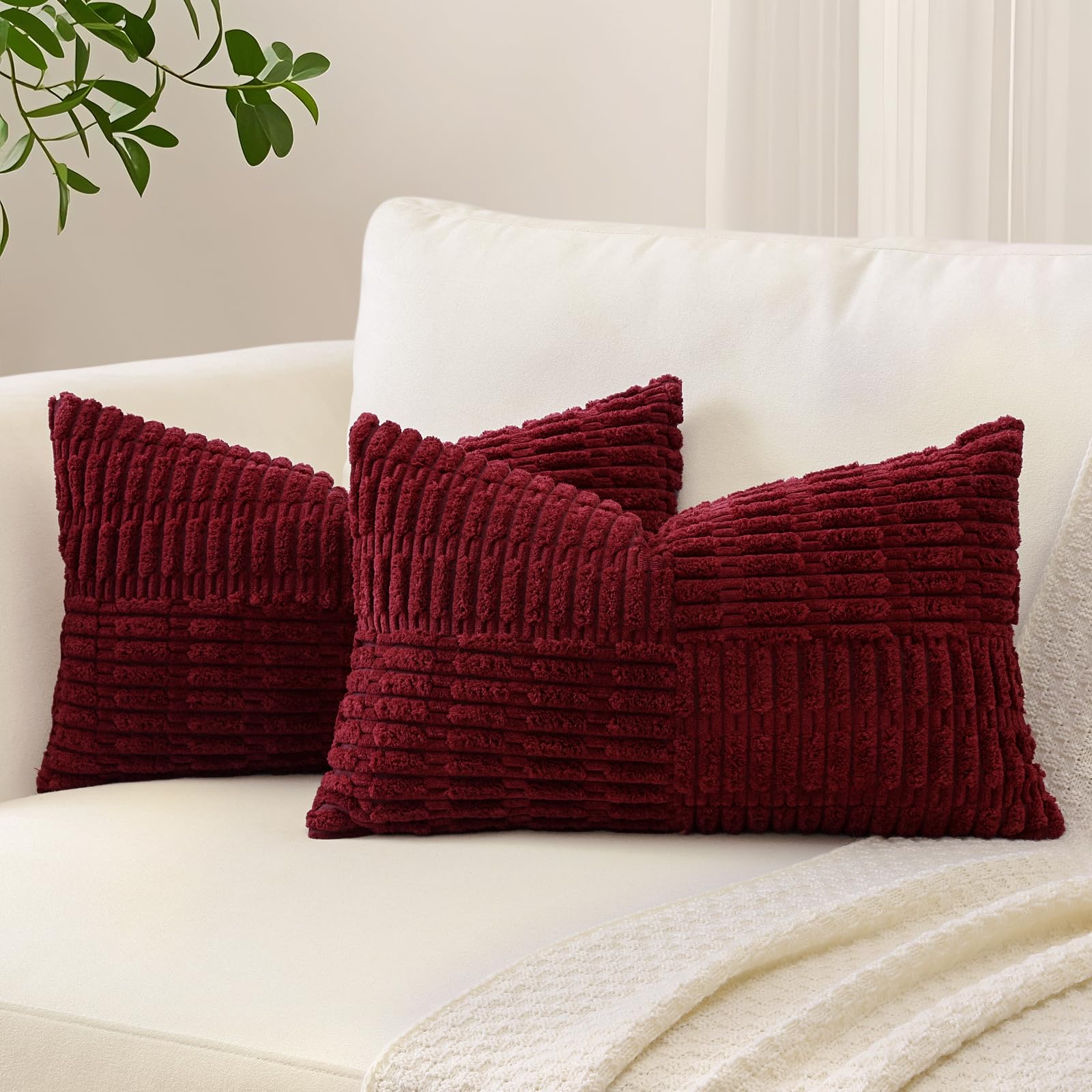 Sungeek Set of 2 Decorative Cushion Covers 30 x 50cm Soft Corduroy Striped Cross Patchwork Textured Pillow Cases Boho Farmhouse Lumbar Throw Pillow Covers for Sofa Bed Patio 12x20 Inch, Burgundy