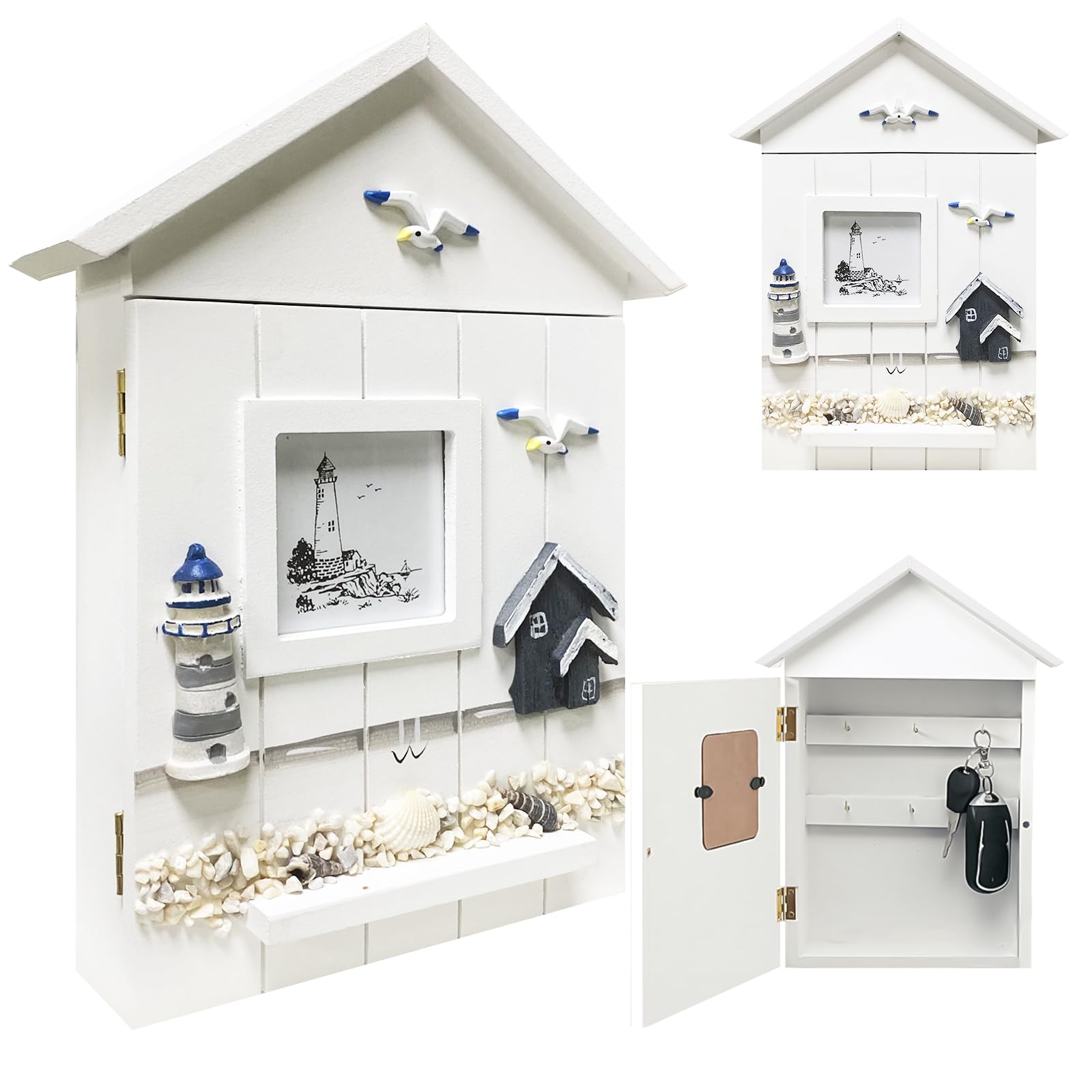 Bocguy Caja para Llaves de Madera, Armario Llaves Pared, Anillo de Faro Estilo con 6 Ganchos, Armario para Llaves para Montaje en Pared, Moderno para Entrada, Pasillo, Oficina, 30 x 22 x 6.5cm