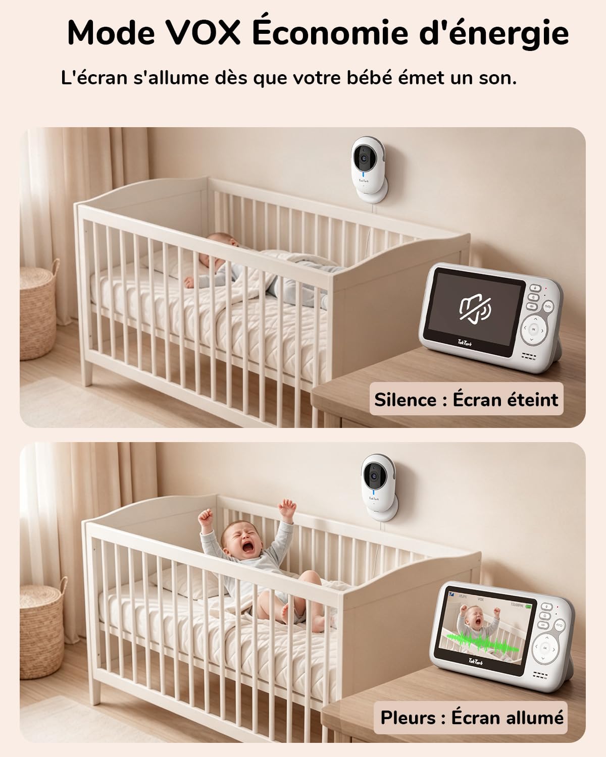 TakTark Babyphone Camera, Babyphones 4.3'' IPS Babyphone Vidéo, Camera Bebe Surveillance, Visiophone Bébé, VOX, Vision Nocturne, Communication Bidirectionnelle, Capteur de Température