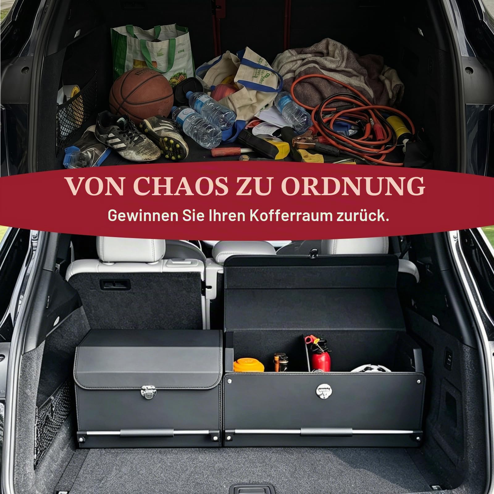 Kofferraum Organizer mit Deckel, 2-in-1 Modular XXL Aufbewahrungsbox aus Hochwertigem Nappa-Leder, Tragbarer Push-Pull-Griff, 92L Großraum Staubox passend für Auto, SUV und Van (103x29x31cm)