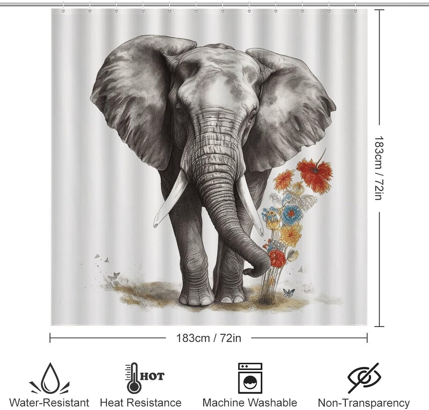 Elephant Shower Curtains Set 4 Piece with Non-Slip Rugs, Toilet Lid Cover and Bath Mat Soft Bathroom Carpet Waterproof Bathroom Curtain with 12 Hooks for Bathroom Decor