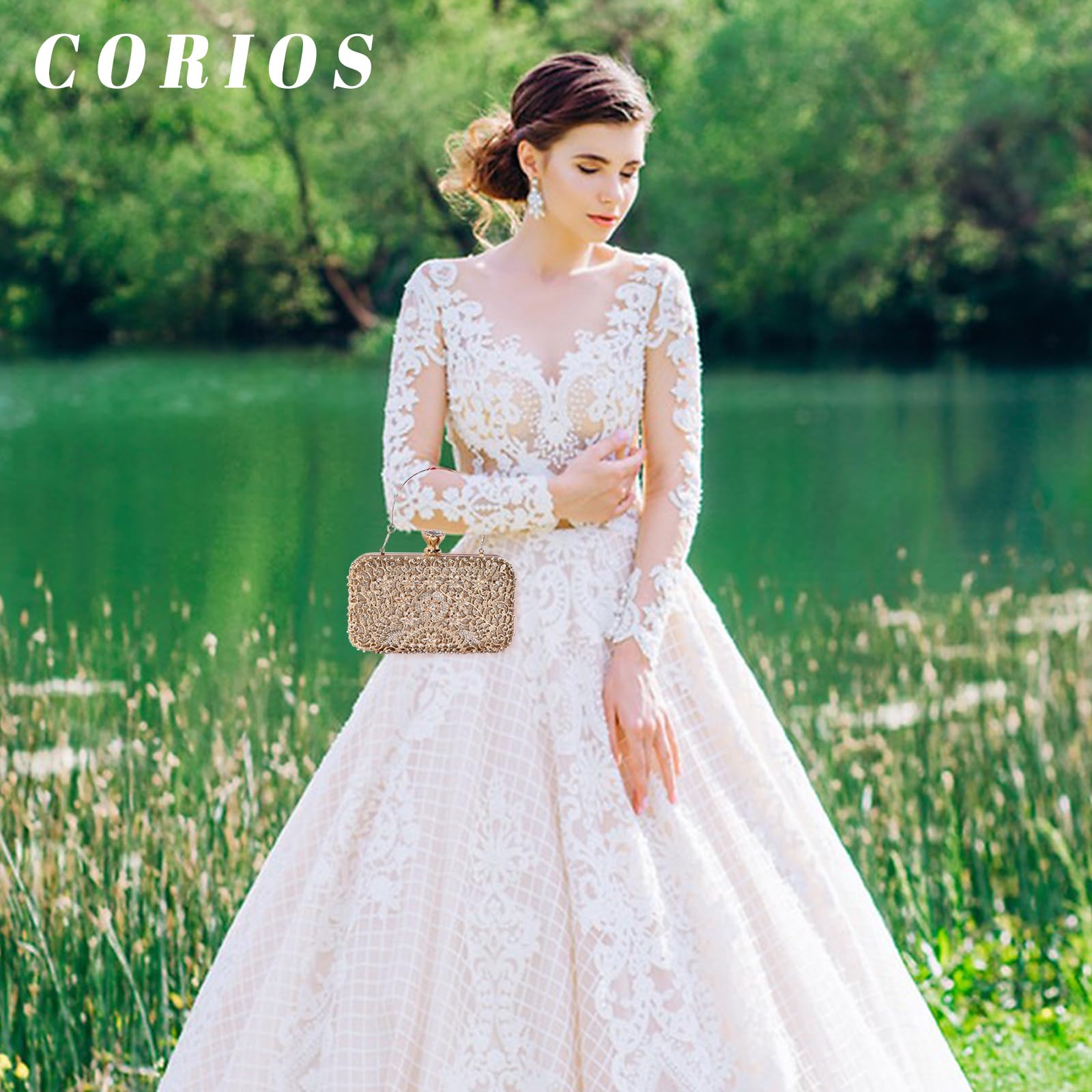 CORIOS Rhinestone Evening Clutch for Women - Sparkly Sequin Purse, Crystal Handbag, Glitter Shoulder Crossbody Bag for Bridal Wedding, Cocktail Prom Party Banquet - Gold