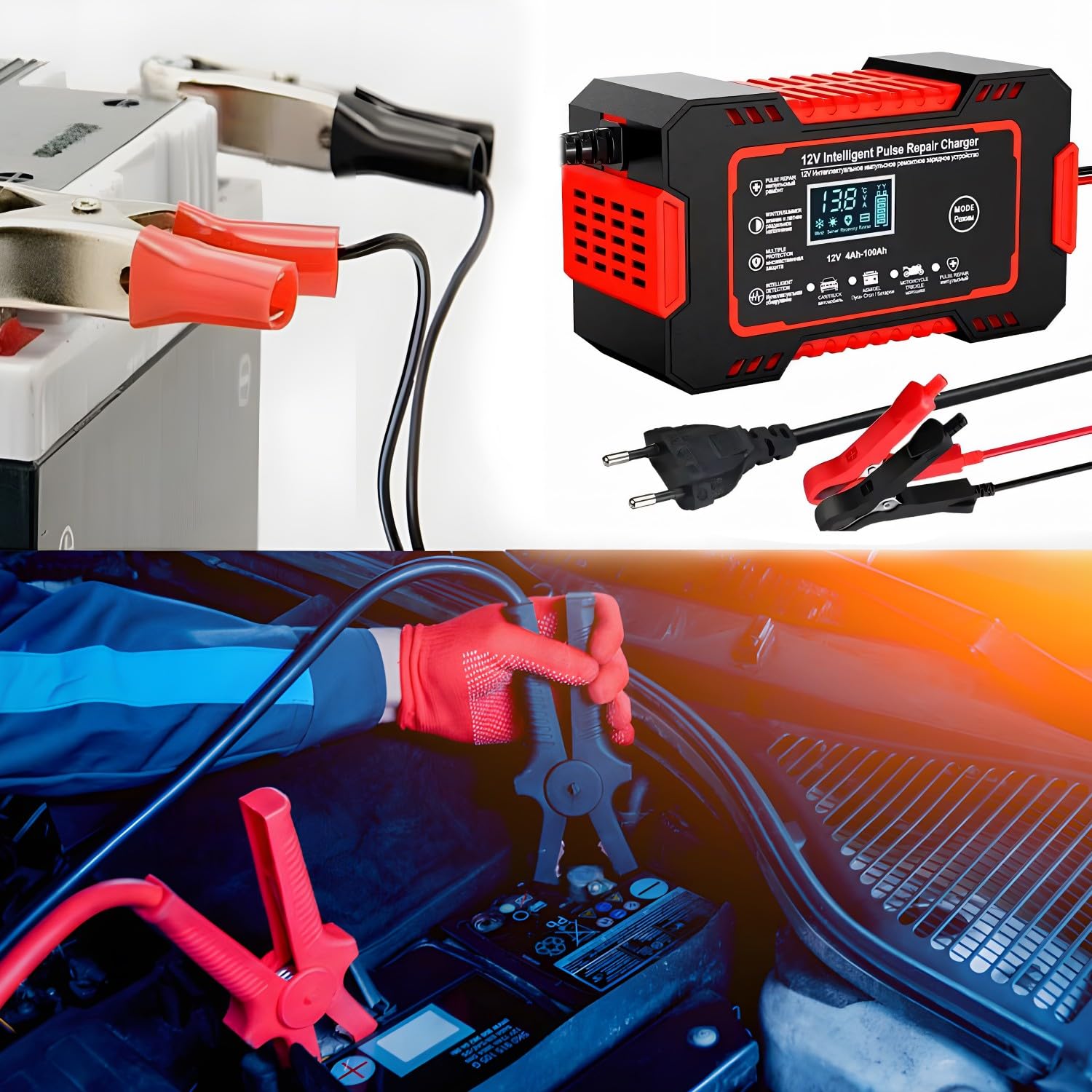 Retoo Automatyczna prostownica samochodowa 12 V/24 V 6A, LCD Smart Charger z funkcją naprawy, zintegrowany wentylator, 7 trybów ładowania, ochrona akumulatora